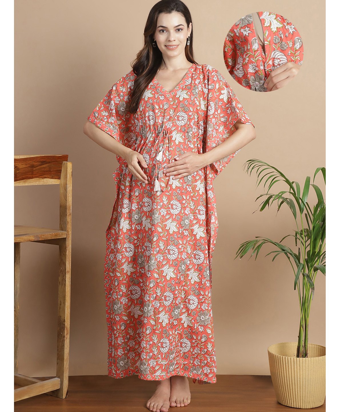 Secret Wish Cotton Woven Half Batwing Sleeves Floral & Paisley Printed Maternity Kaftan Nighty With Side Seam Nursing Acess - Peach-picture-19