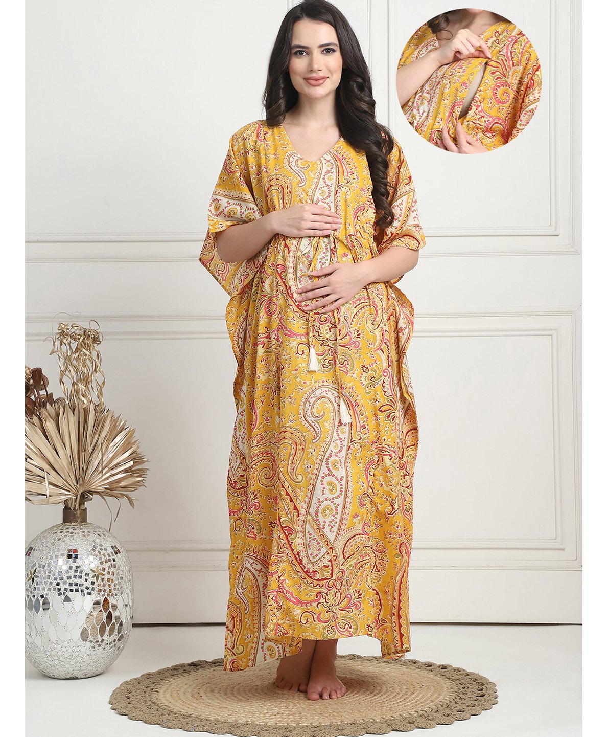 Secret Wish Cotton Woven Half Batwing Sleeves Paisley Printed Maternity Nighty With Side Seam Nursing Access - Yellow-picture-20