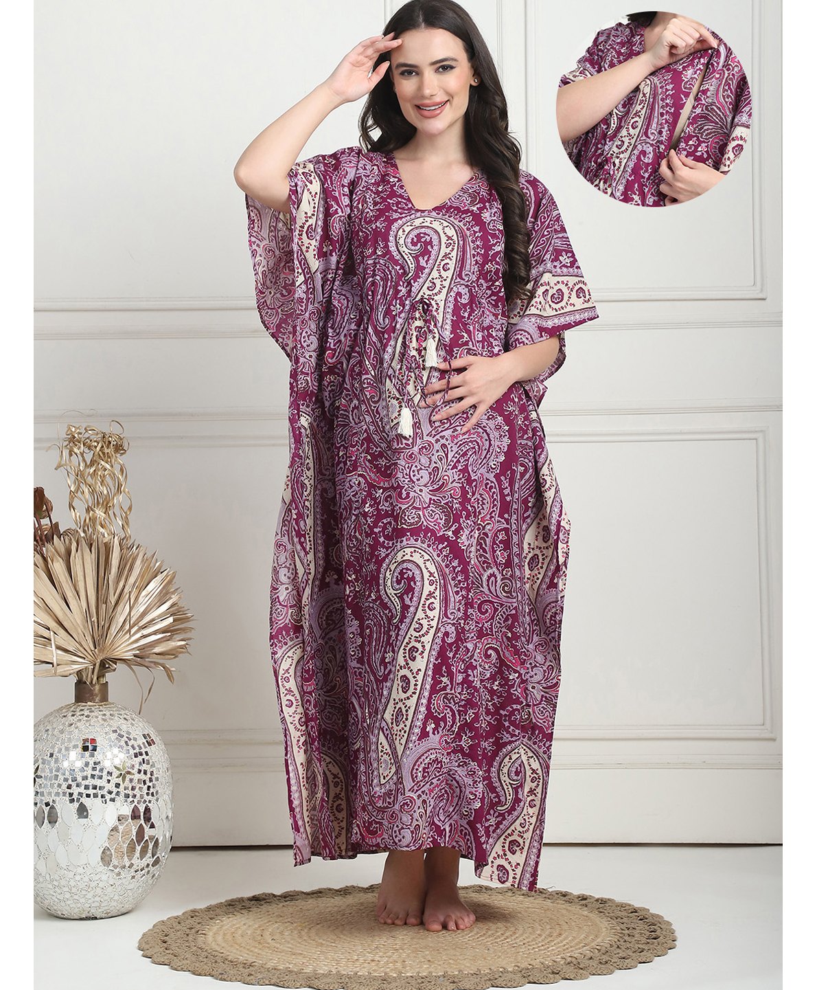 Secret Wish Cotton Woven Half Batwing Sleeves Floral & Paisley Printed Maternity Kaftan Nighty With Side Seam Nursing Acess - Purple-picture-21