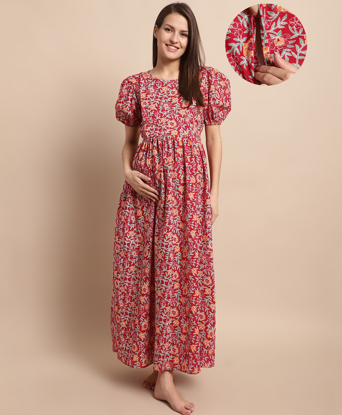 Secret Wish Cotton Woven Half Puffed Sleeves Floral Printed Maternity Dress With Side Zipper Nursing Acess - Maroon-picture-14
