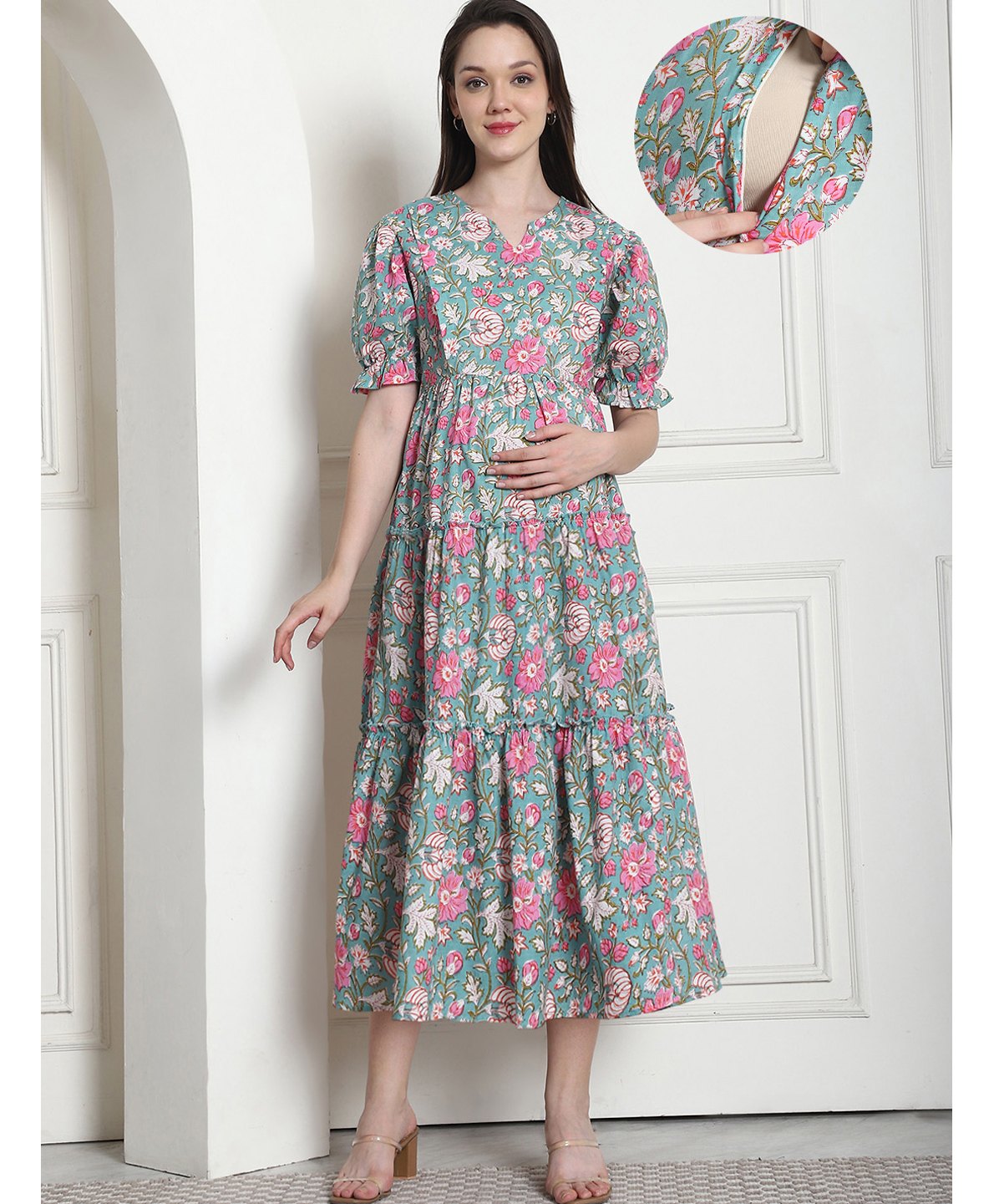 Secret Wish Cotton Woven Half Peasant Sleeves Floral Printed Tiered Maternity Dress With Side Seam Nursing Access - Green-picture-12