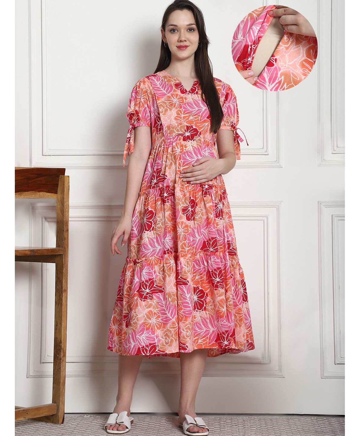 Secret Wish Cotton Woven Half Puffed Sleeves Floral Printed Tiered Maternity Dress With Side Seam Nursing Access - Peach-picture-13