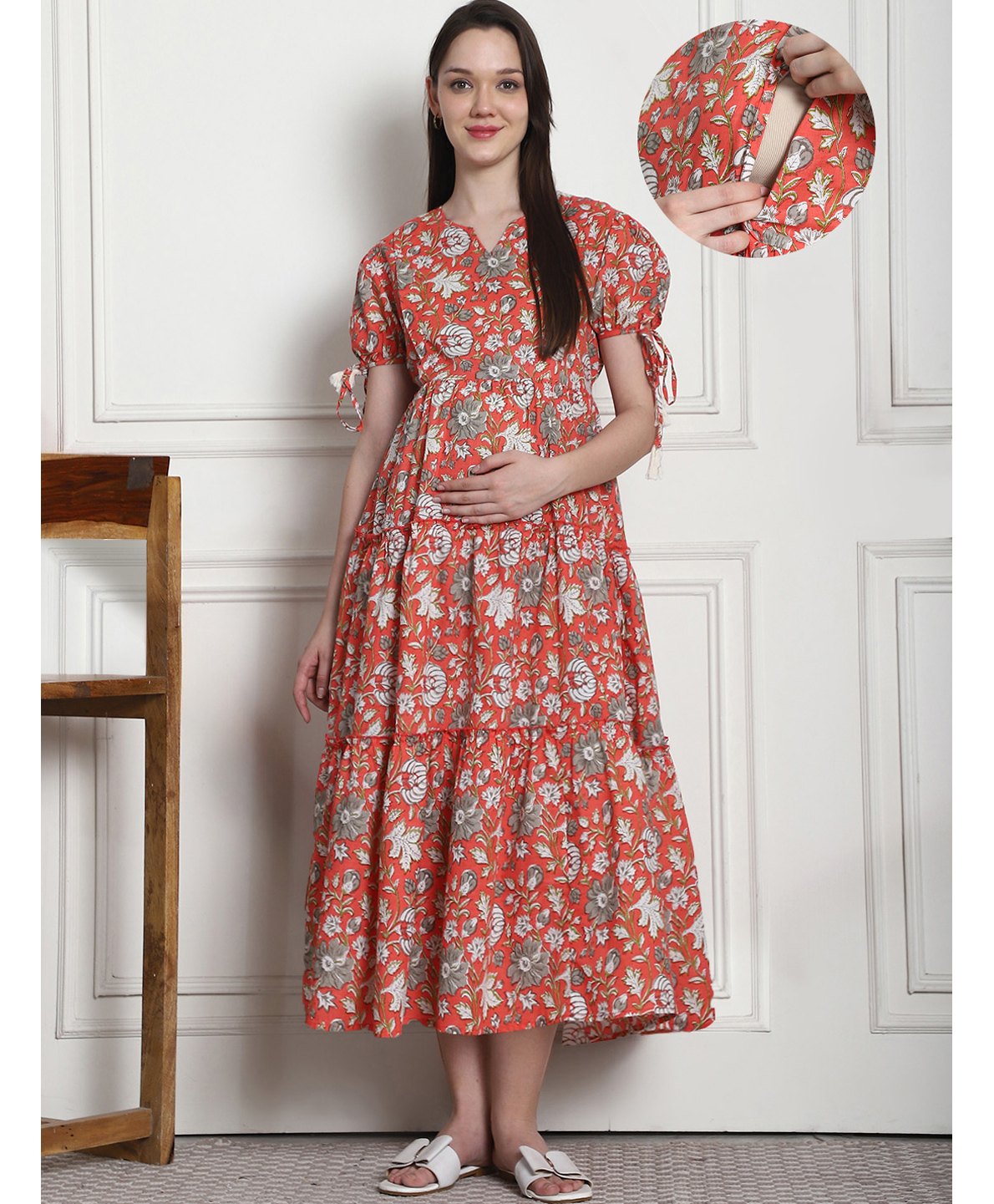 Secret Wish Cotton Woven Half Puffed Sleeves Floral Printed Tiered Maternity Dress With Side Seam Nursing Access - Orange-picture-12