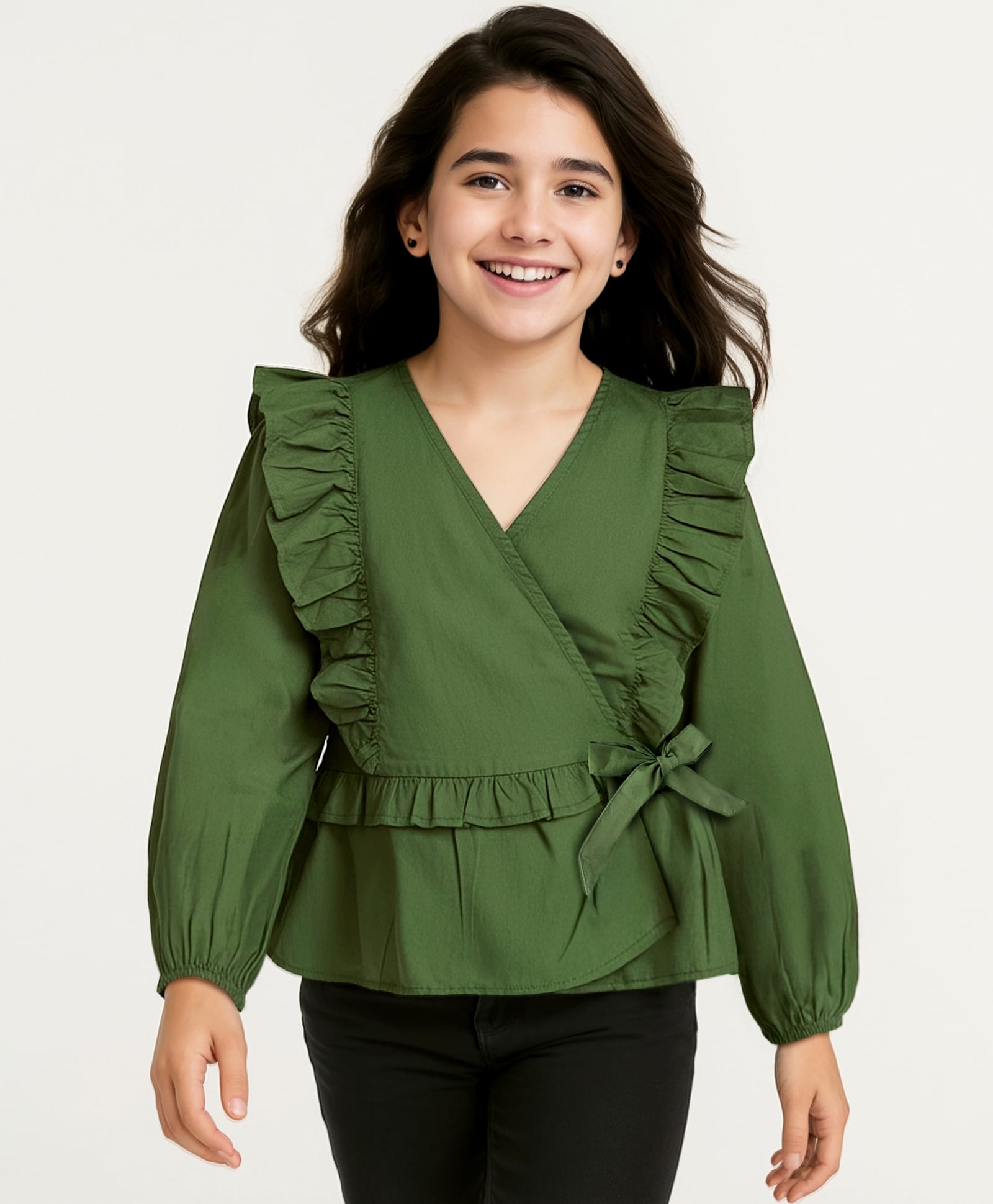 arias by lara dutta Arias Cotton Woven Full Sleeves Solid Color Peplum Top with Frill Detailing - Green-picture-25