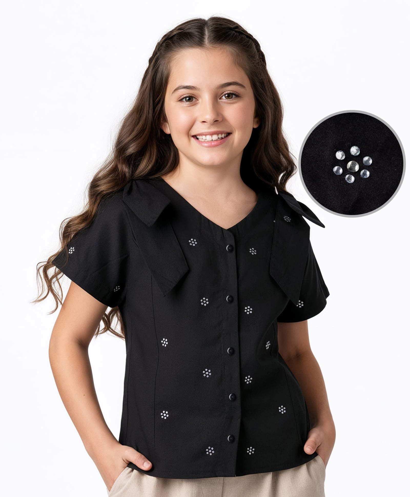arias by lara dutta Arias Cotton Woven Half Sleeves Front Open Top With Bows at Shoulders & Floral Design - Black-picture-28