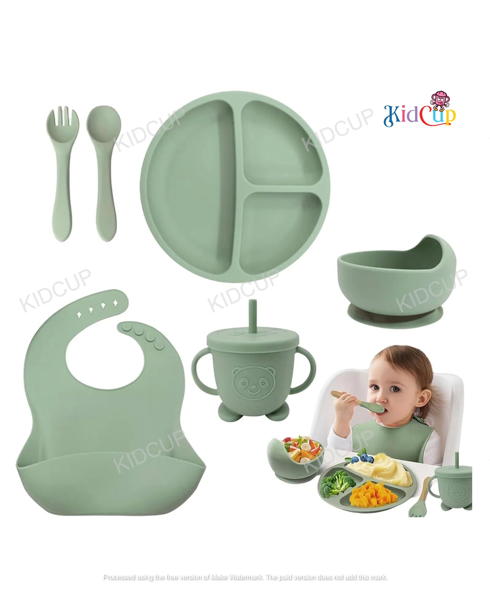 Kidcup 6 Pcs Silicone Baby Feeding Set, BPA Free & Microwave Safe Dinner Tableware Kit - Feeding Bowl, Suction Plate, Cup, Spoon, Fork & Bib for Kids (green) (Color & design may vary)-image-23
