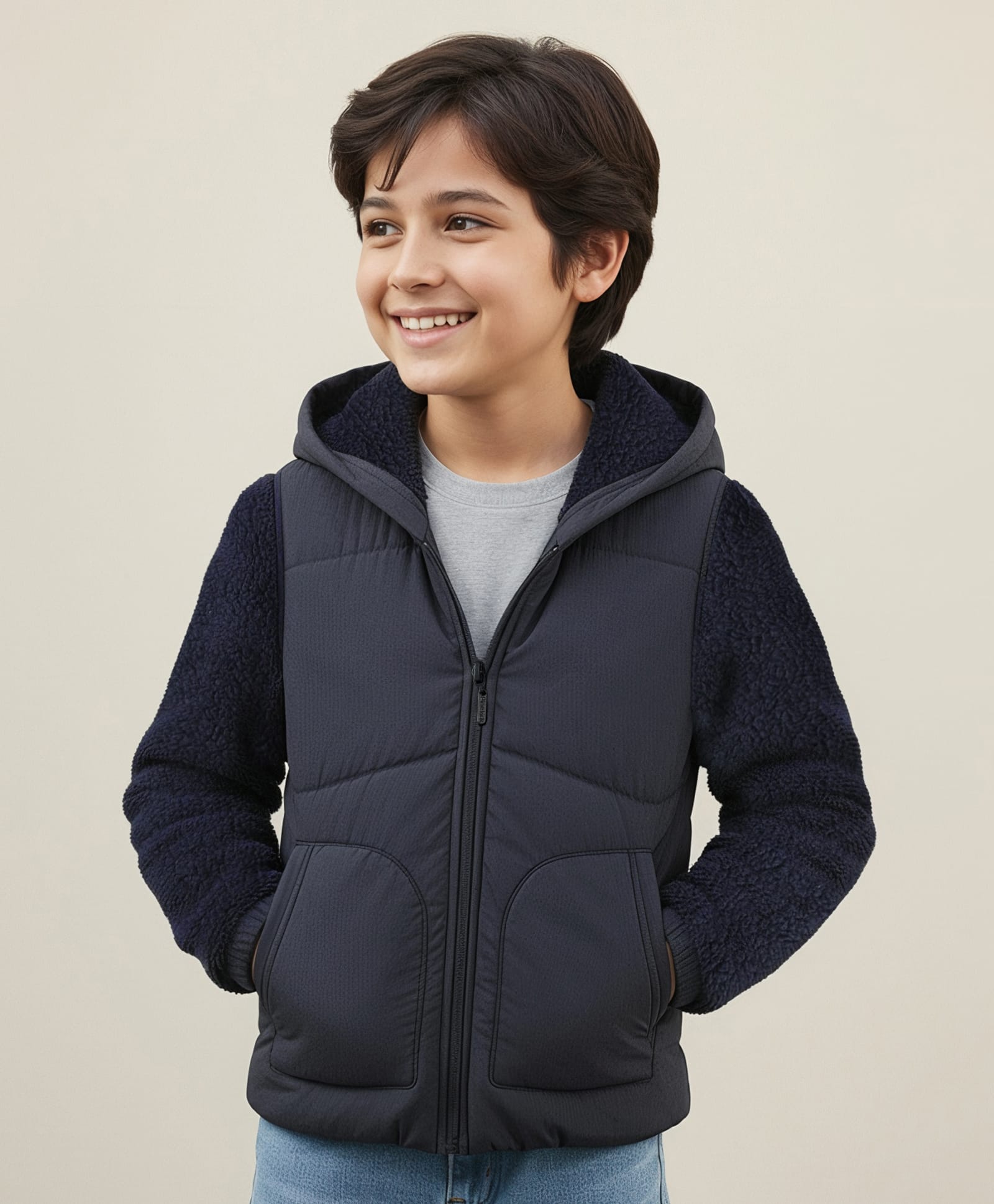 Pine Kids Woven Full Sleeves Solid Colour Hooded Padded Jacket - Navy Blue-picture-12