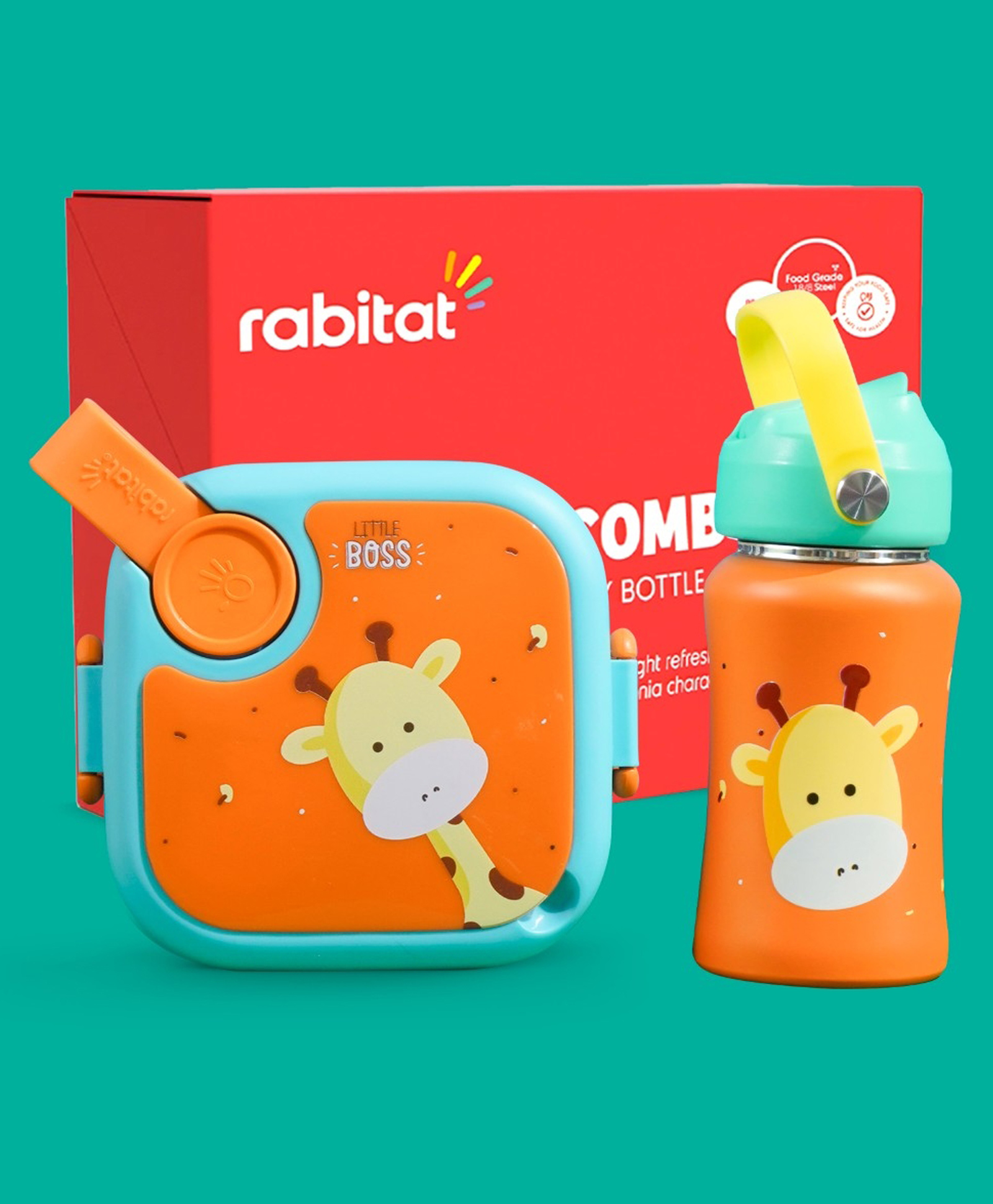 Rabitat Playdate Squad Combo Lunchmate Mini & Stailess Steel Play 3.0 Sipper Bottle with Giraffe Print - Orange-image-30