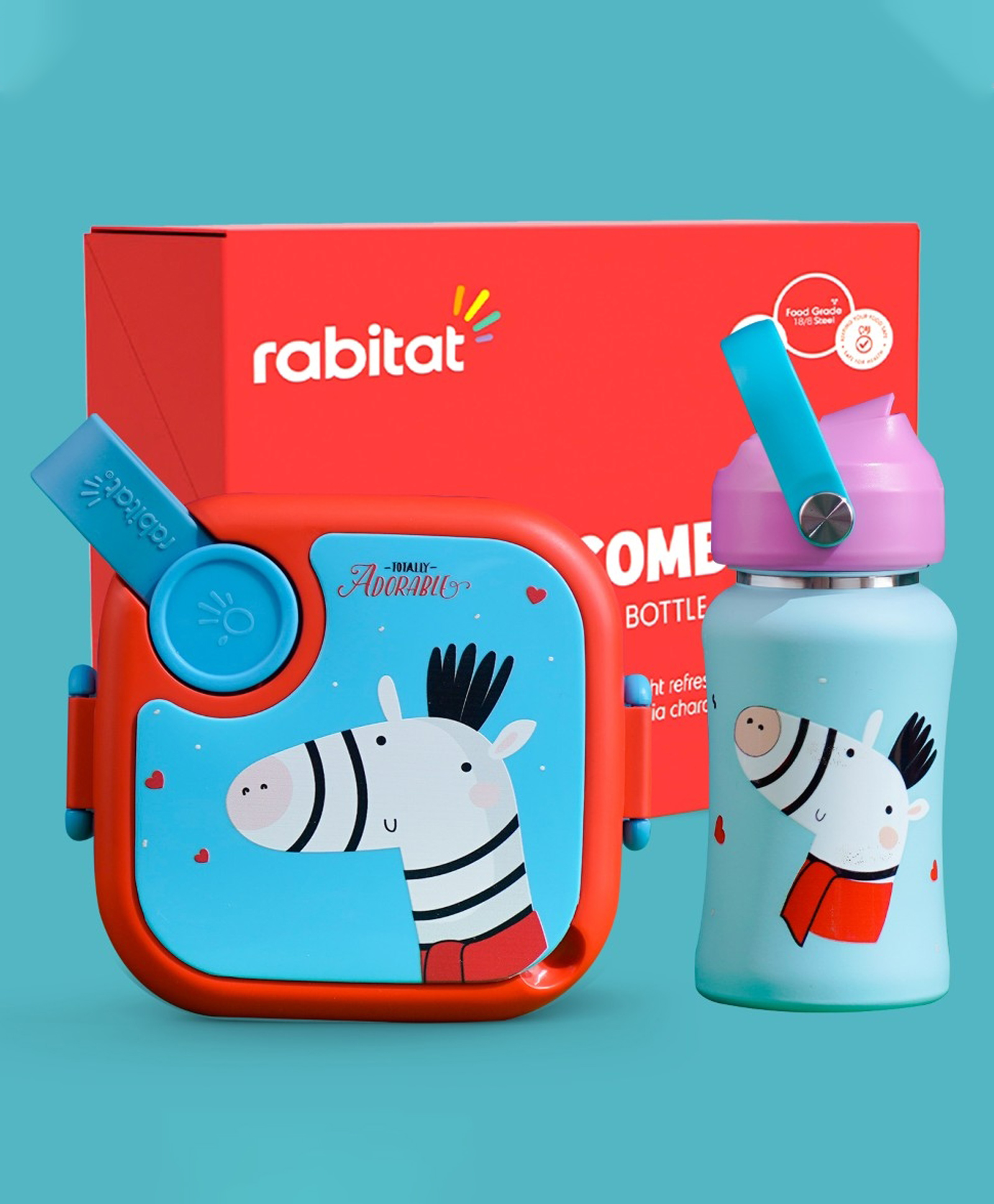 Rabitat Playdate Squad Combo Lunchmate Mini & Stailess Steel Play 3.0 Sipper Bottle with Zebra Print - Light Blue-picture-7