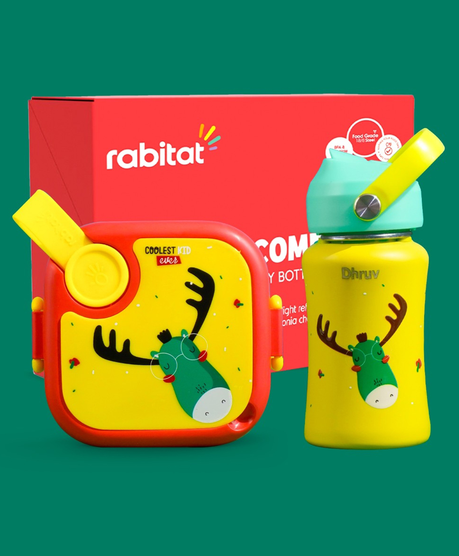 Rabitat Playdate Squad Combo Lunchmate Mini & Stailess Steel Play 3.0 Sipper Bottle with Deer Print - Yellow-image-19
