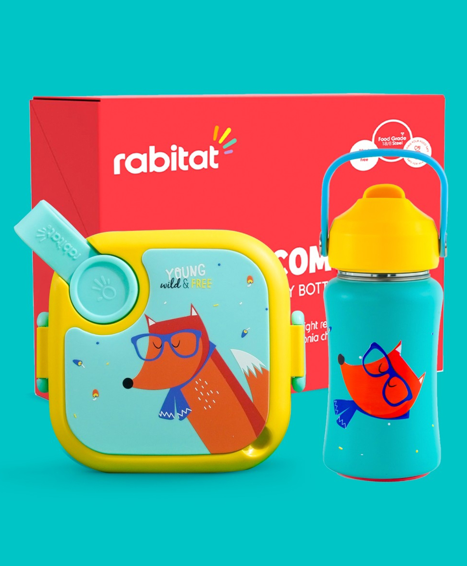 Rabitat Playdate Squad Combo Lunchmate Mini & Stailess Steel Play 3.0 Sipper Bottle with Fox Print - Sea Green-picture-5