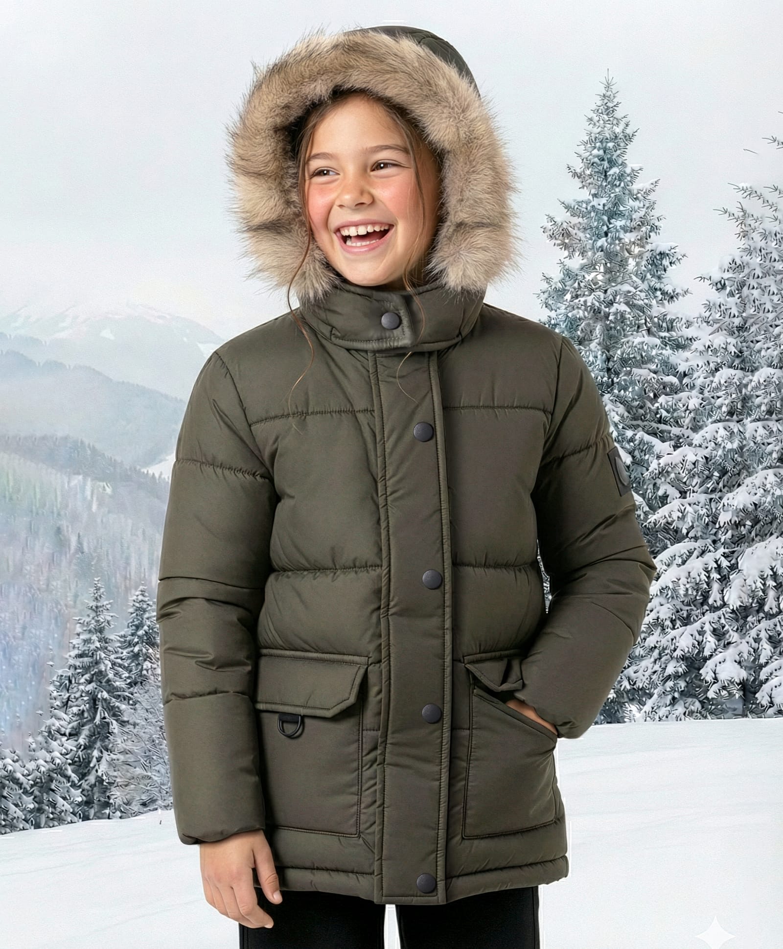 Pine Kids Woven Full Sleeves Solid Hooded Padded Jacket - Olive Green