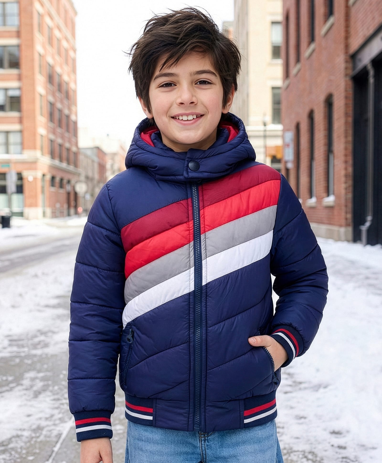 Pine Kids Woven Full Sleeves Striped Hooded Padded Jacket - Navy Blue-image-8