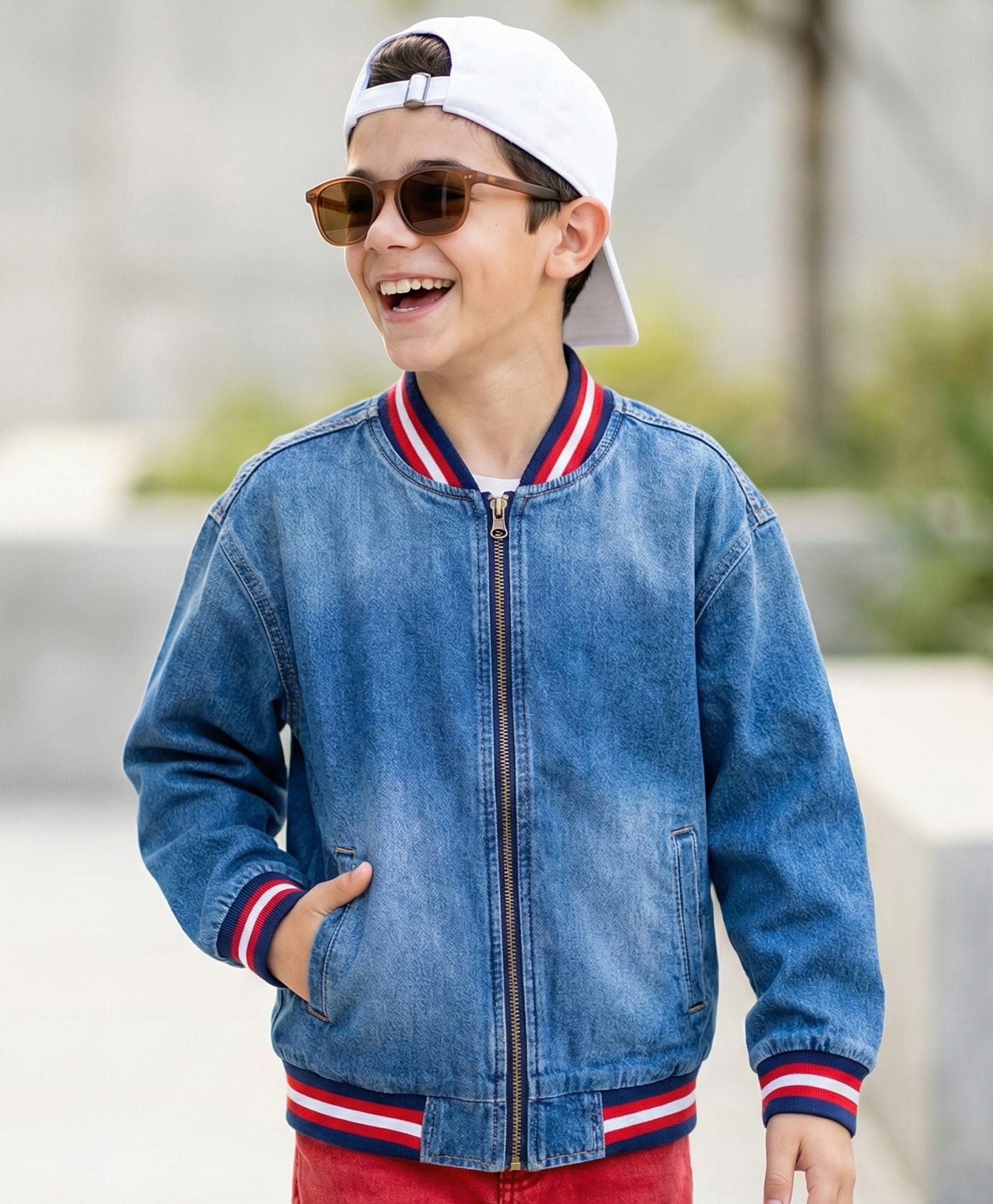 Pine Kids Cotton Woven Full Sleeves Washed Denim Bomber Jacket With Tape & Ribbed Detailing - Blue-picture-35