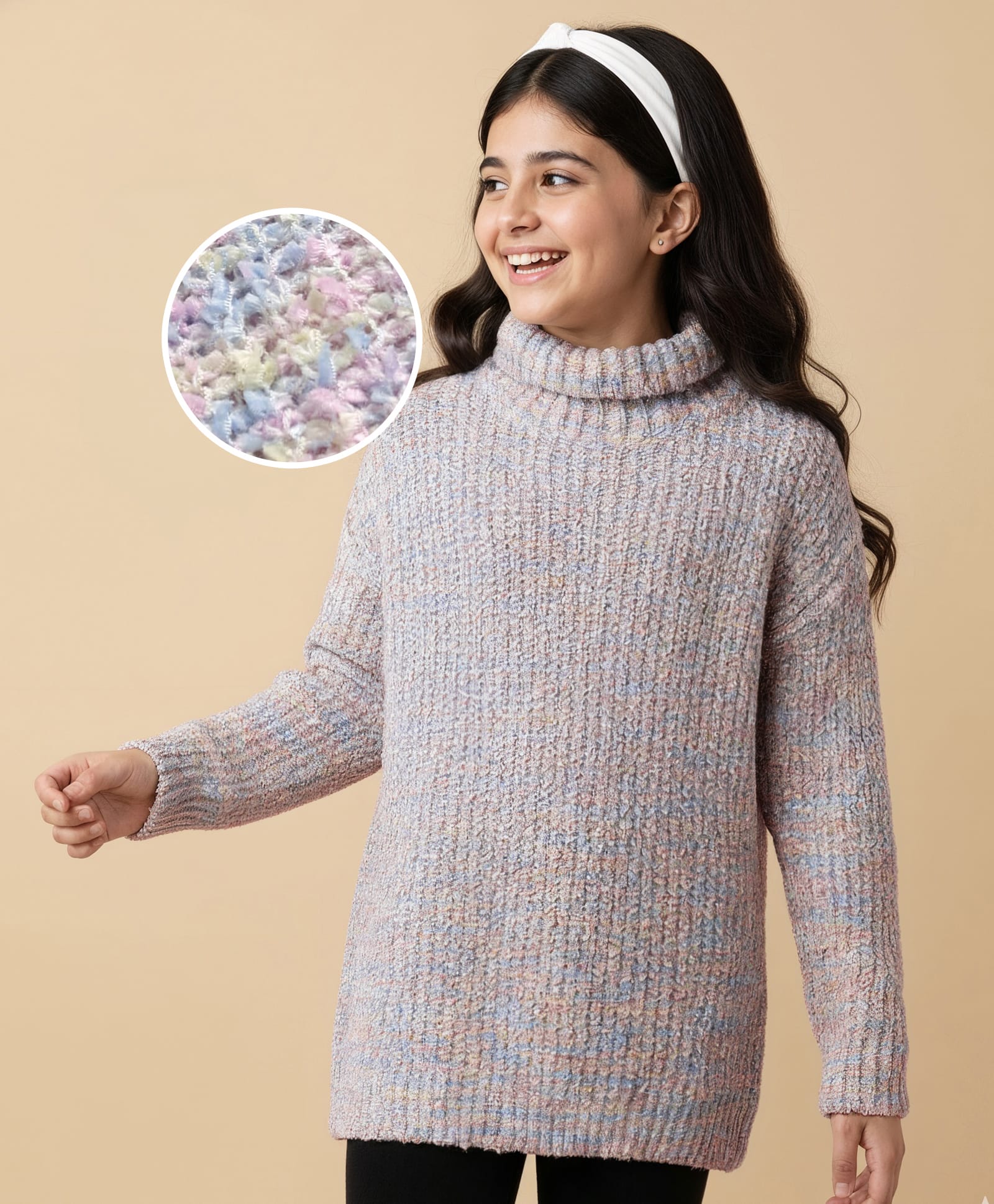 Pine Kids Knit Full Sleeves Pullover Sweater With Cable Knit Design & Turtle Neck - Multi Colour-picture-13