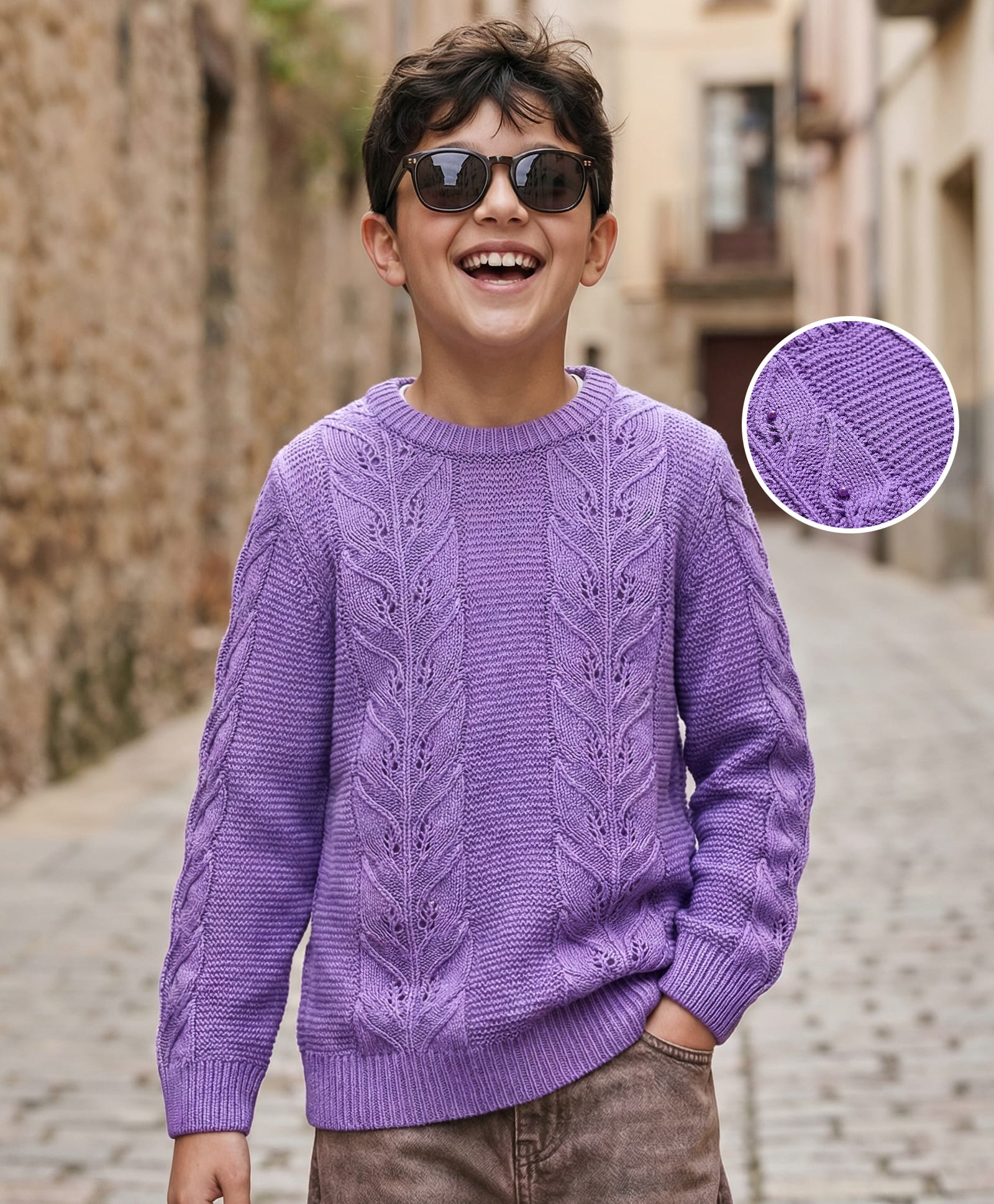 Pine Kids Knit Full Sleeves Pullover Sweater with Floral Design - Purple-picture-25