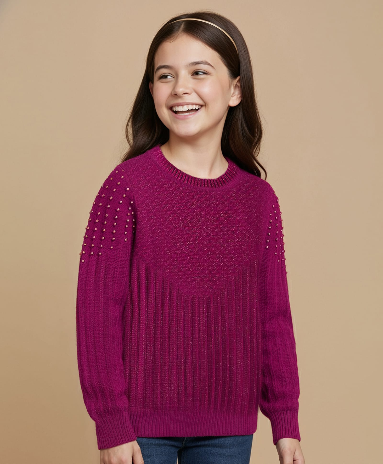 Pine Kids Knit Full Sleeves Solid Coloured Pearl Embellished Pullover Sweater - Dark Pink-image-25