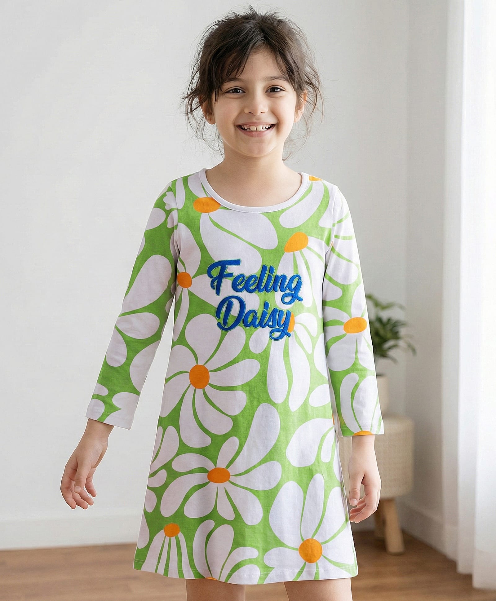 Pine Kids Cotton Knit Full Sleeves Nighty With Floral Print - Light Green-image-46