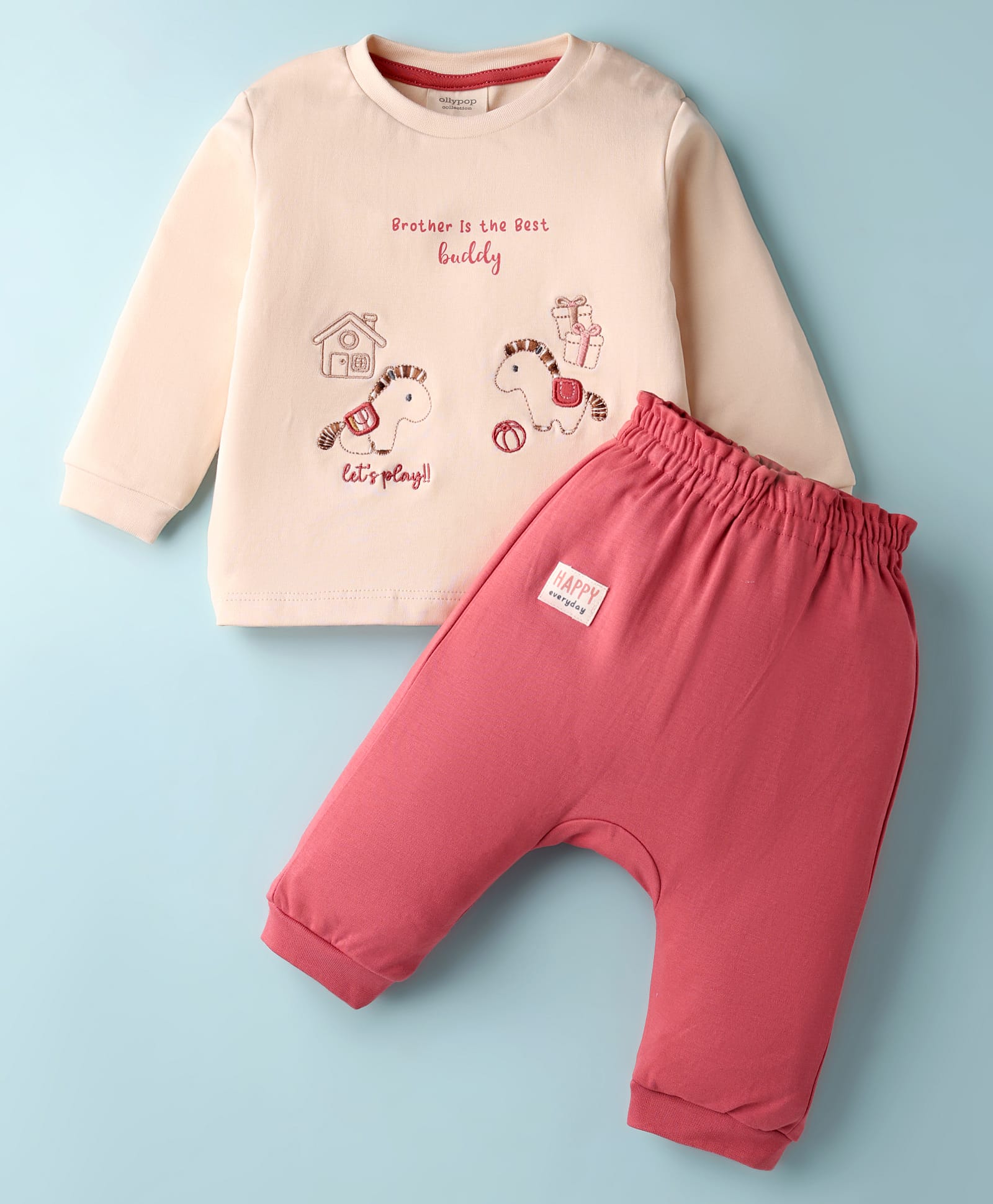 Ollypop Sinker Knit Full Sleeves Tshirt & Leggings Set with Horsey Embroidery - Pink Tint-picture-6
