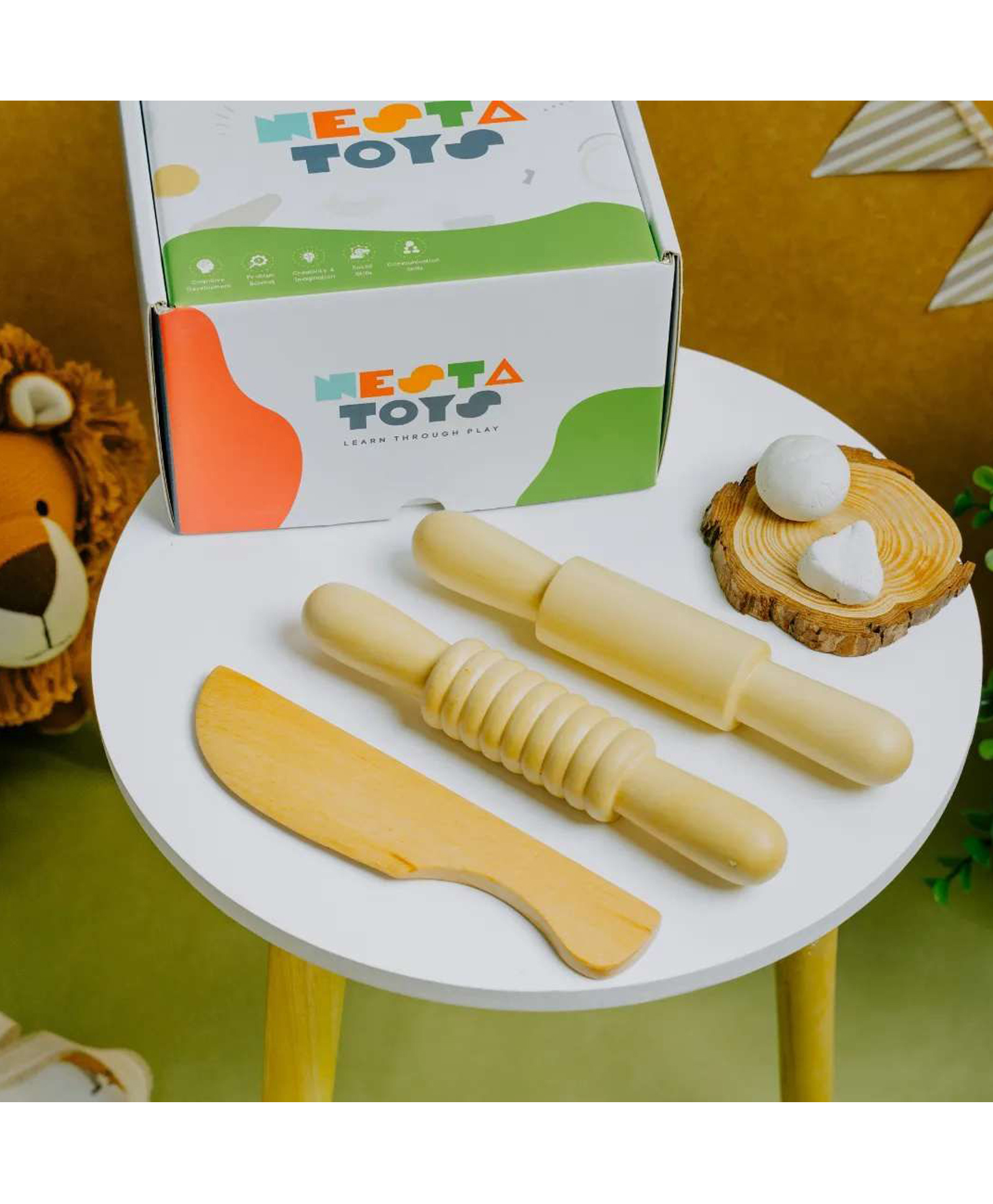 Nesta Toys Play Dough Tool set | Rolling Pins & Knife | Pretend Play Kitchen Toys-image-38