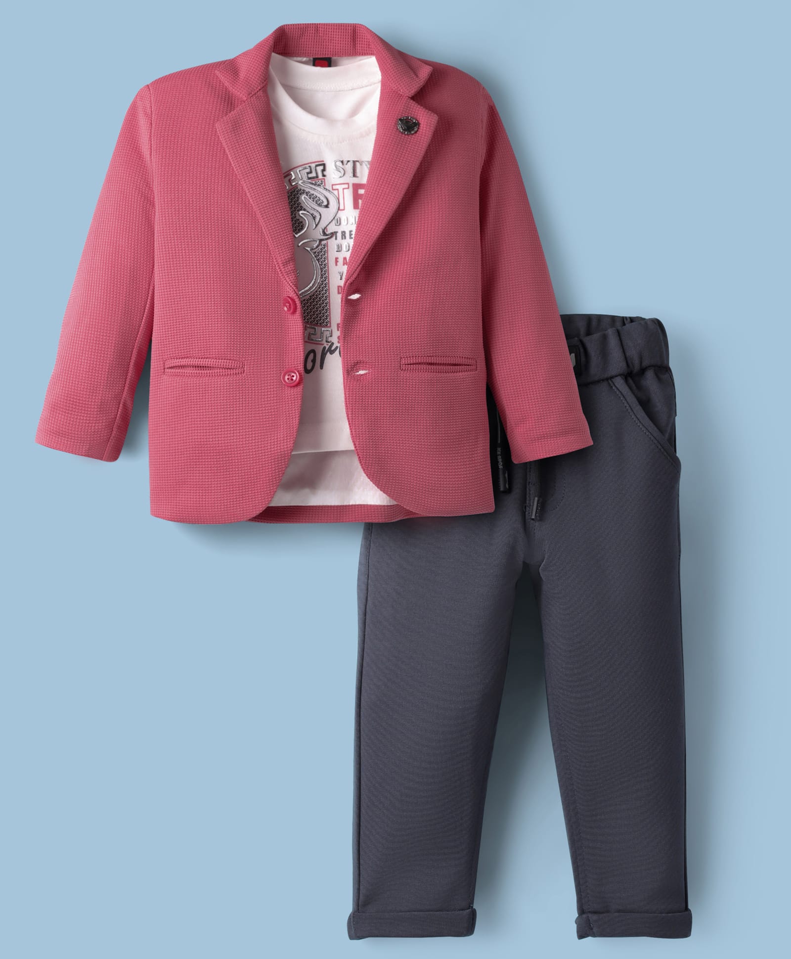 Rikidoos Full Sleeves Solid Blazer With Typography Printed Tee & Pant Set - Dusty Pink & Dark Grey-picture-33