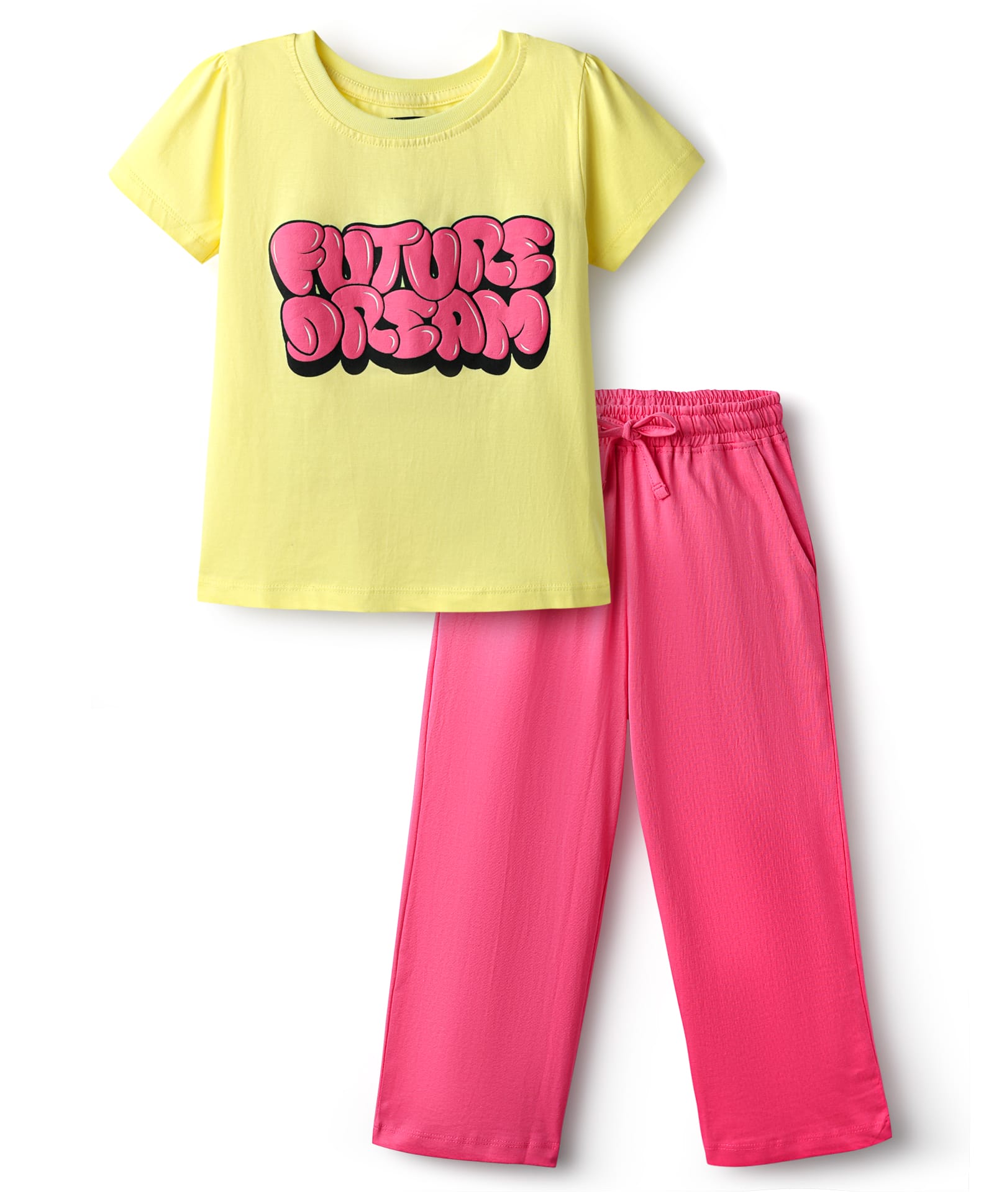 Pine Kids Cotton Knit Half Sleeves Night Suit with Text Print - Yellow & Pink-picture-17