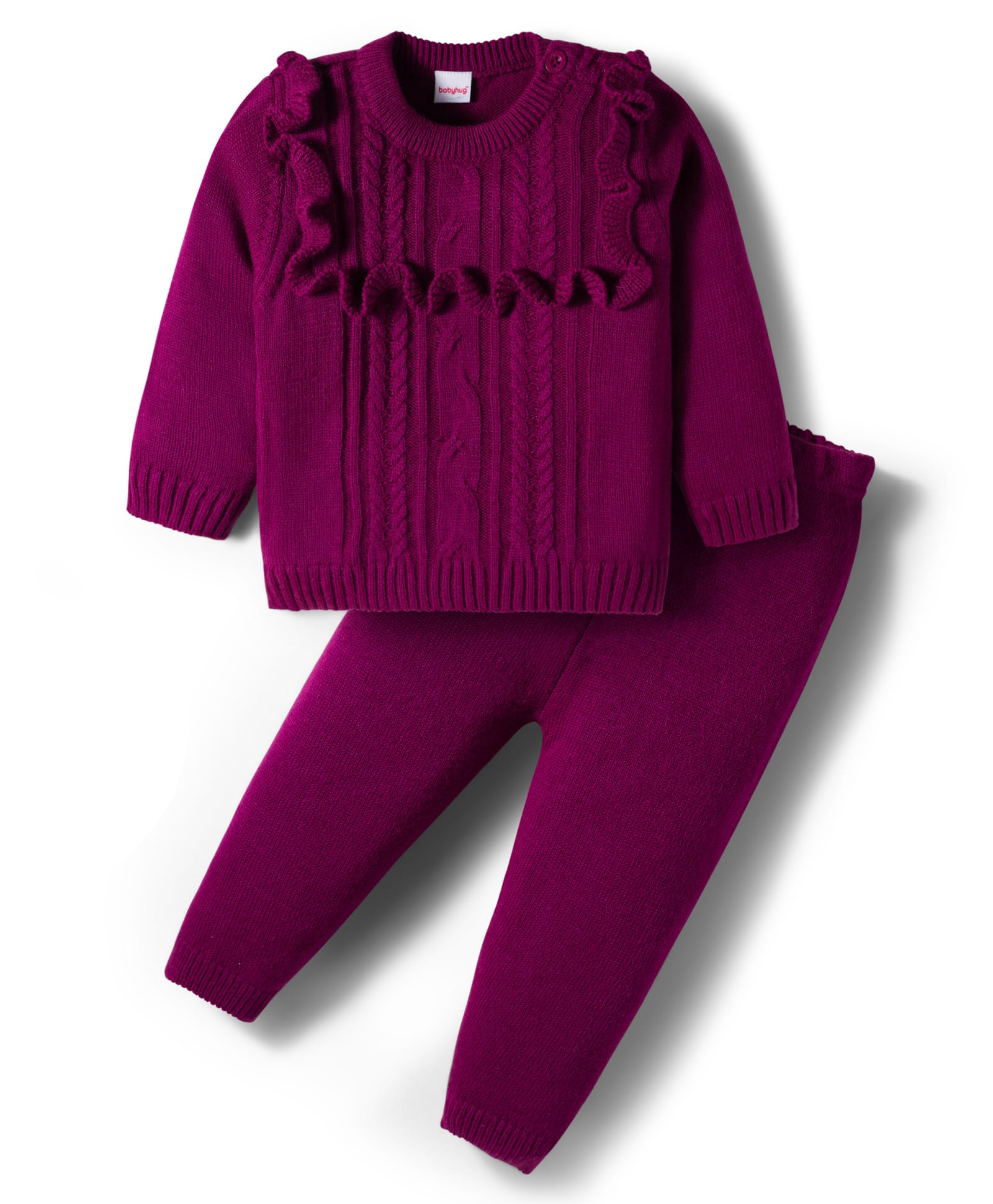 Babyhug Knit Full Sleeves Sweater Sets With Frill Detailing & Cable Knit Design - Wine-picture-14