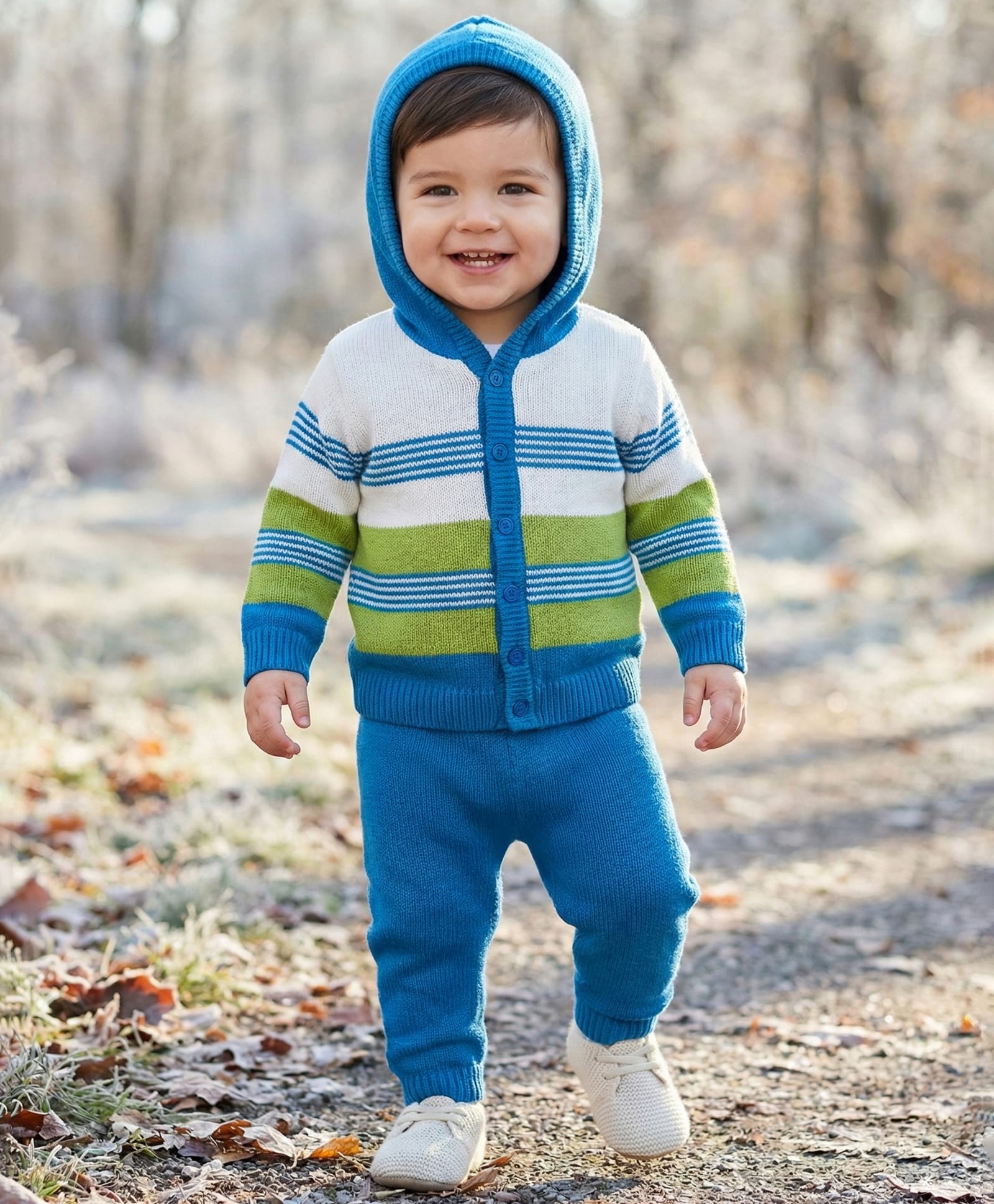 Babyhug Knit Full Sleeves Front Open Hooded Sweater Set with Stripes - Blue & Green