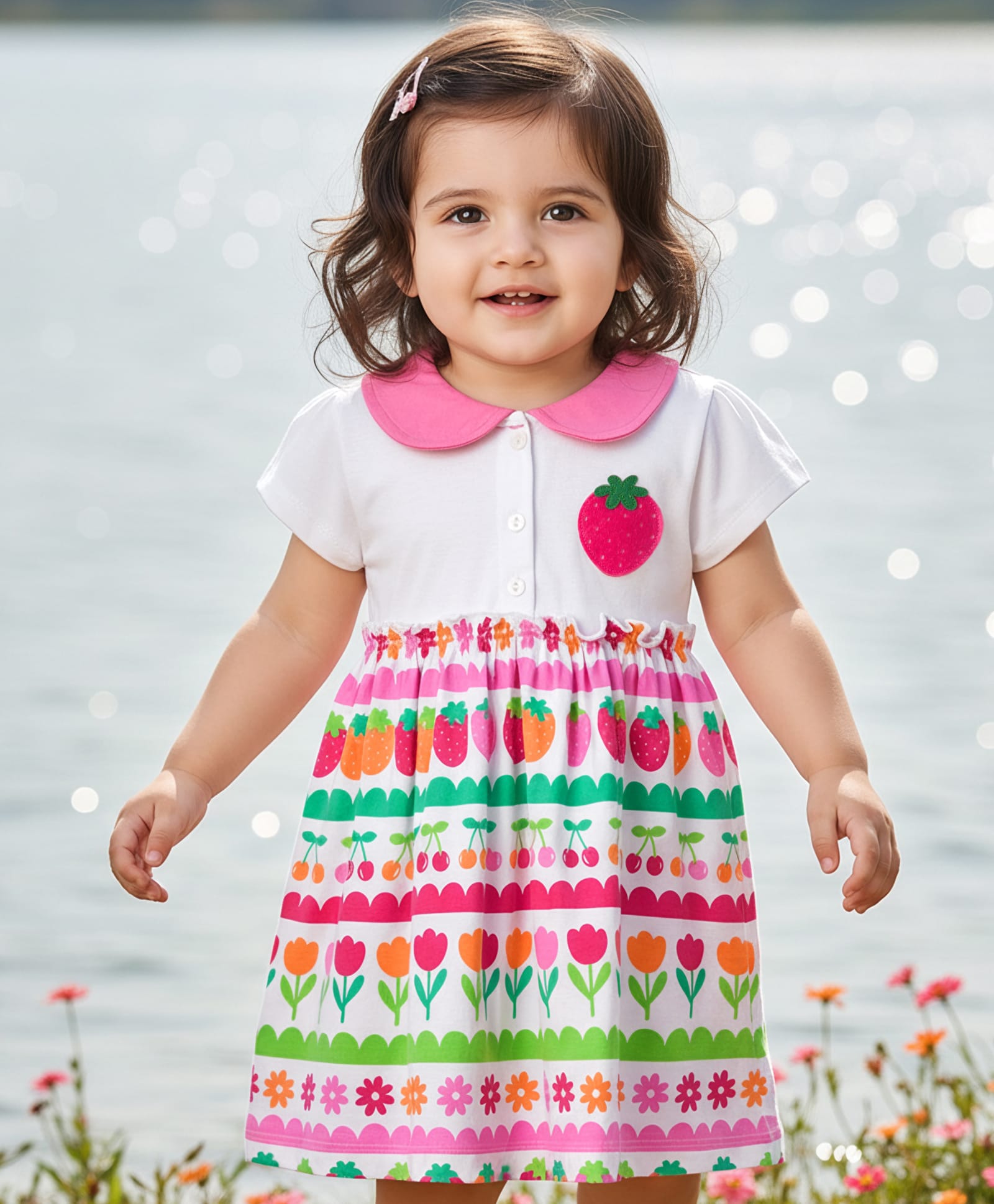 Babyhug Single Jersey Knit Half Sleeves Frock with Tropical Theme Print - Pink-picture-16