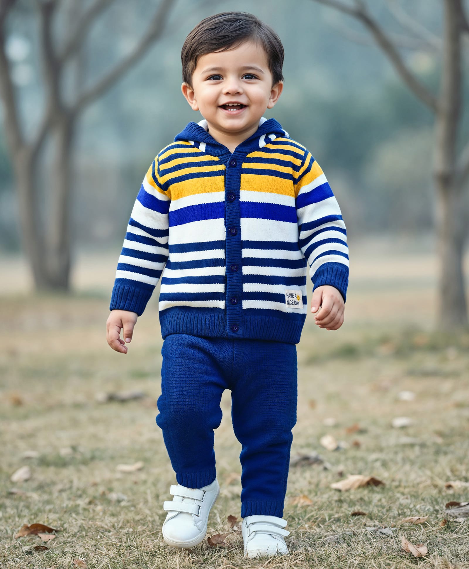 Babyhug Knit Full Sleeves Front Open Hooded Sweater & Pant Set with Stripes - Navy Blue-picture-16