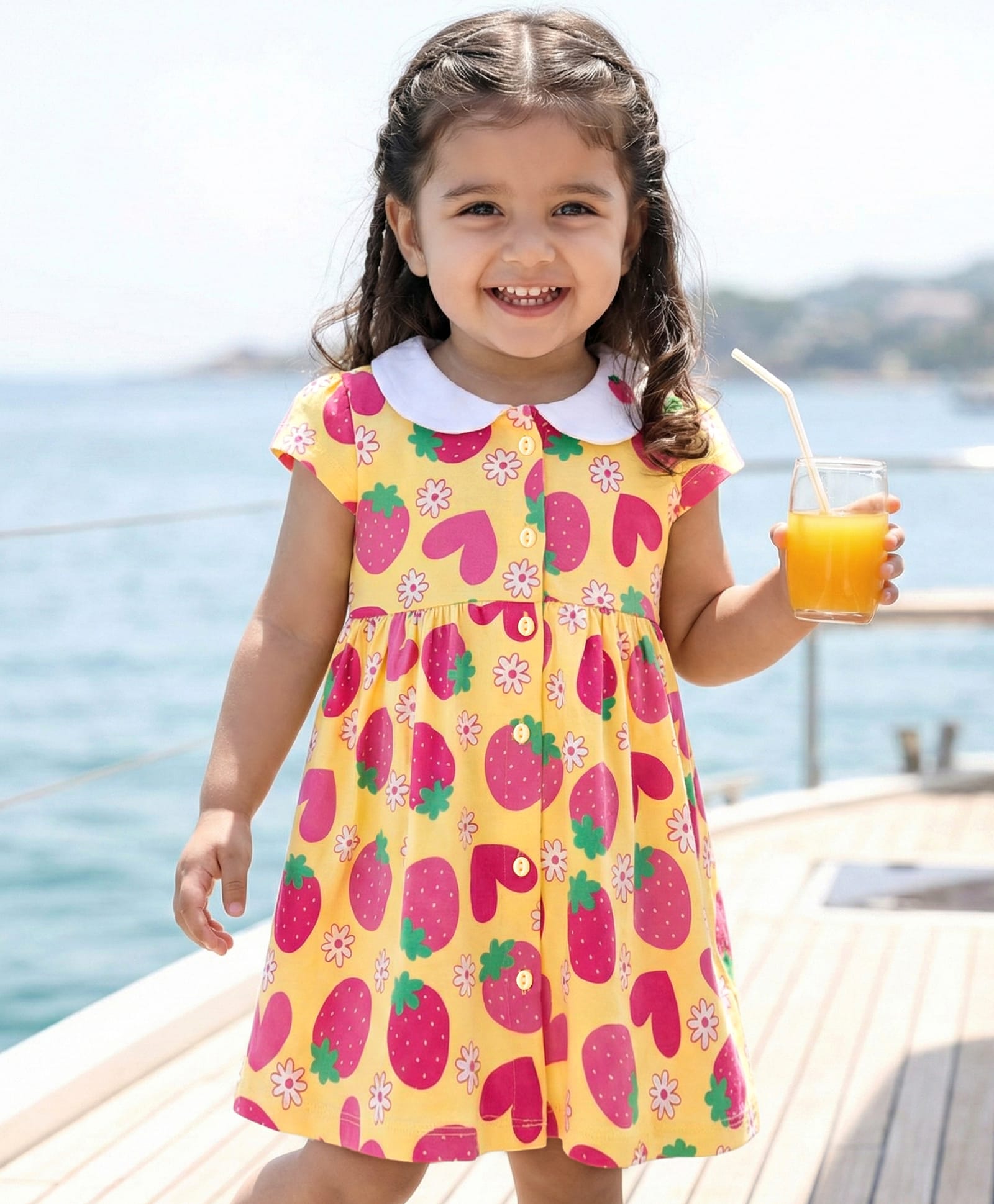 Babyhug Single Jersey Knit Half Sleeves Front Open Frock with Tropical Theme Print - Mustard-picture-20
