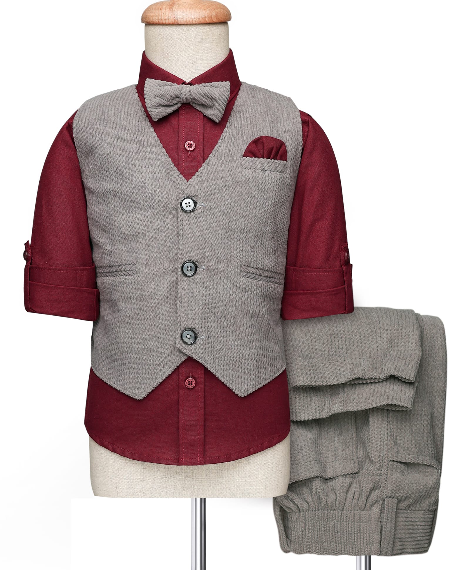 Rikidoos Full Sleeves Solid 3 Piece Party Suit Set With Bow - Maroon & Grey-picture-34