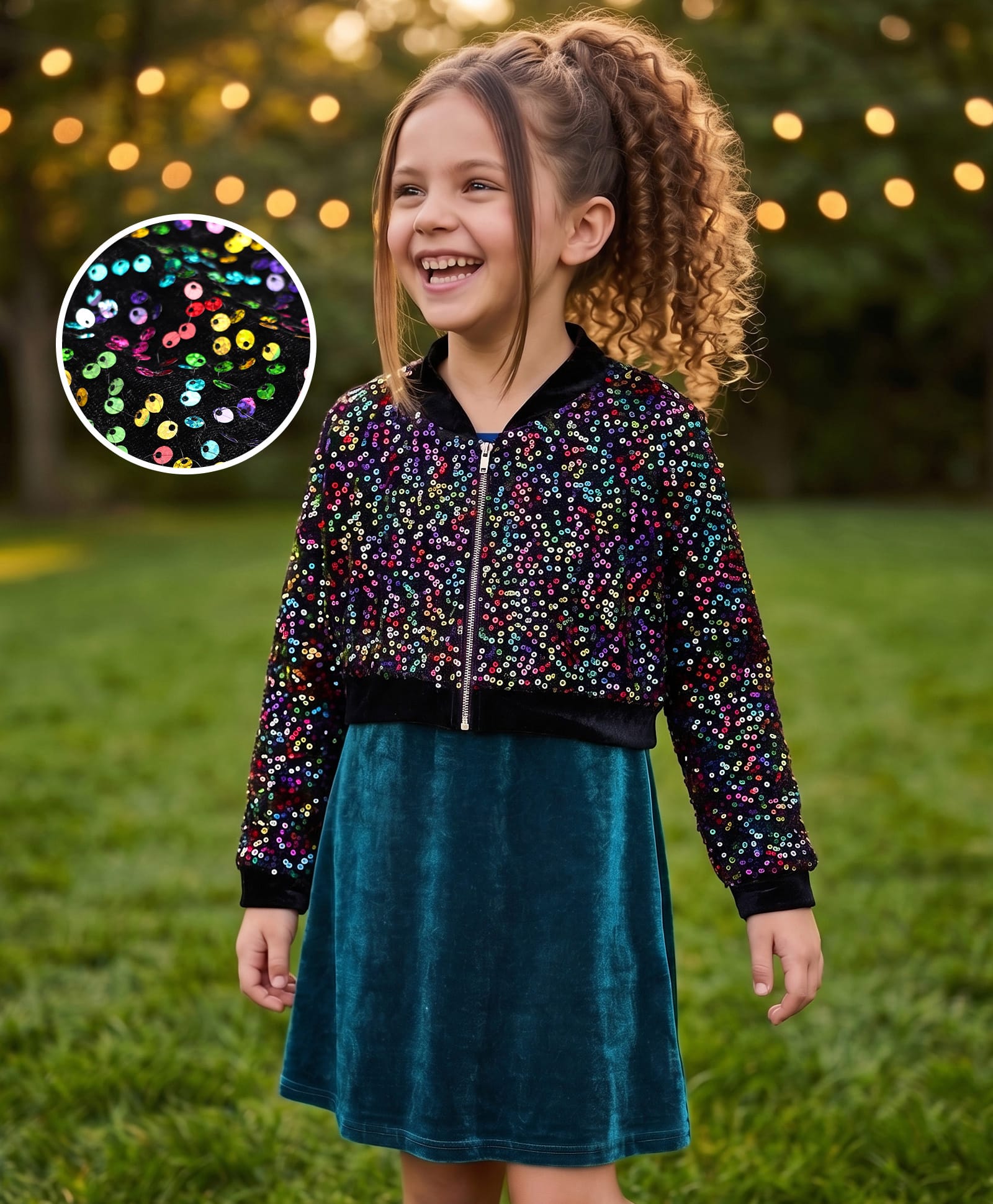 Hola Bonita Knit Full Sleeves Party Wear Velvet Dress & Sequinned Jacket - Teal Blue-image-31