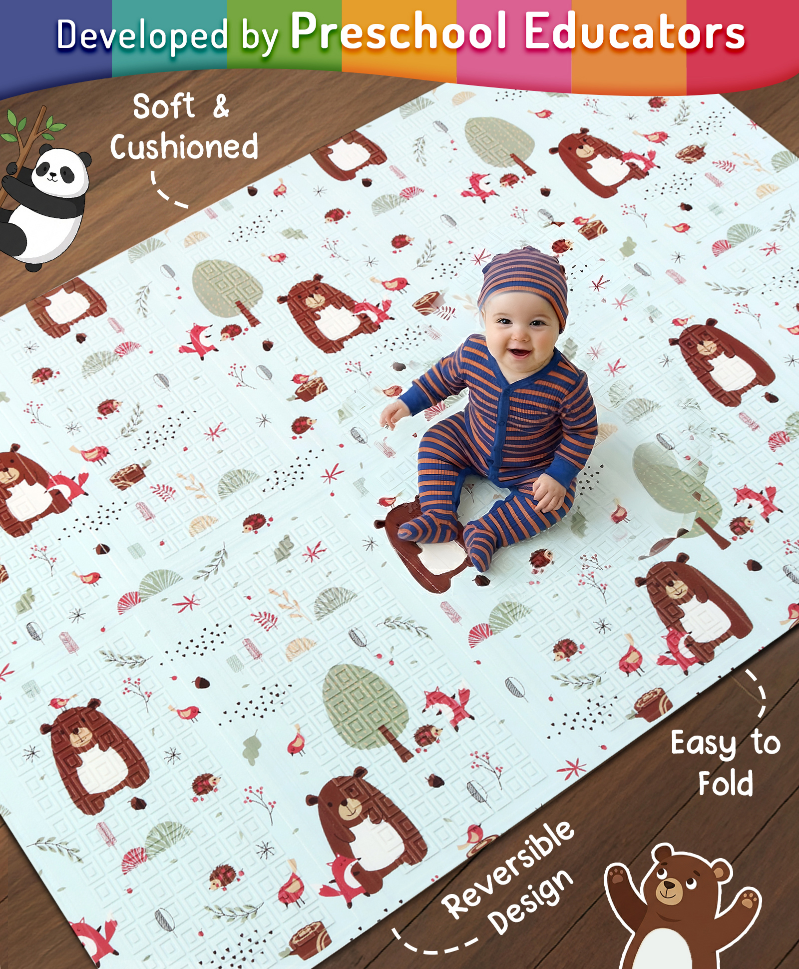 Intelliskills Forest Friends Play Mat | Reversible, Foldable,Textured & Waterproof | Double-sided, Soft & Thick Cushioned | Animal-Themed | Tummy-Time & Crawling | Educator Recommended | For Gifting