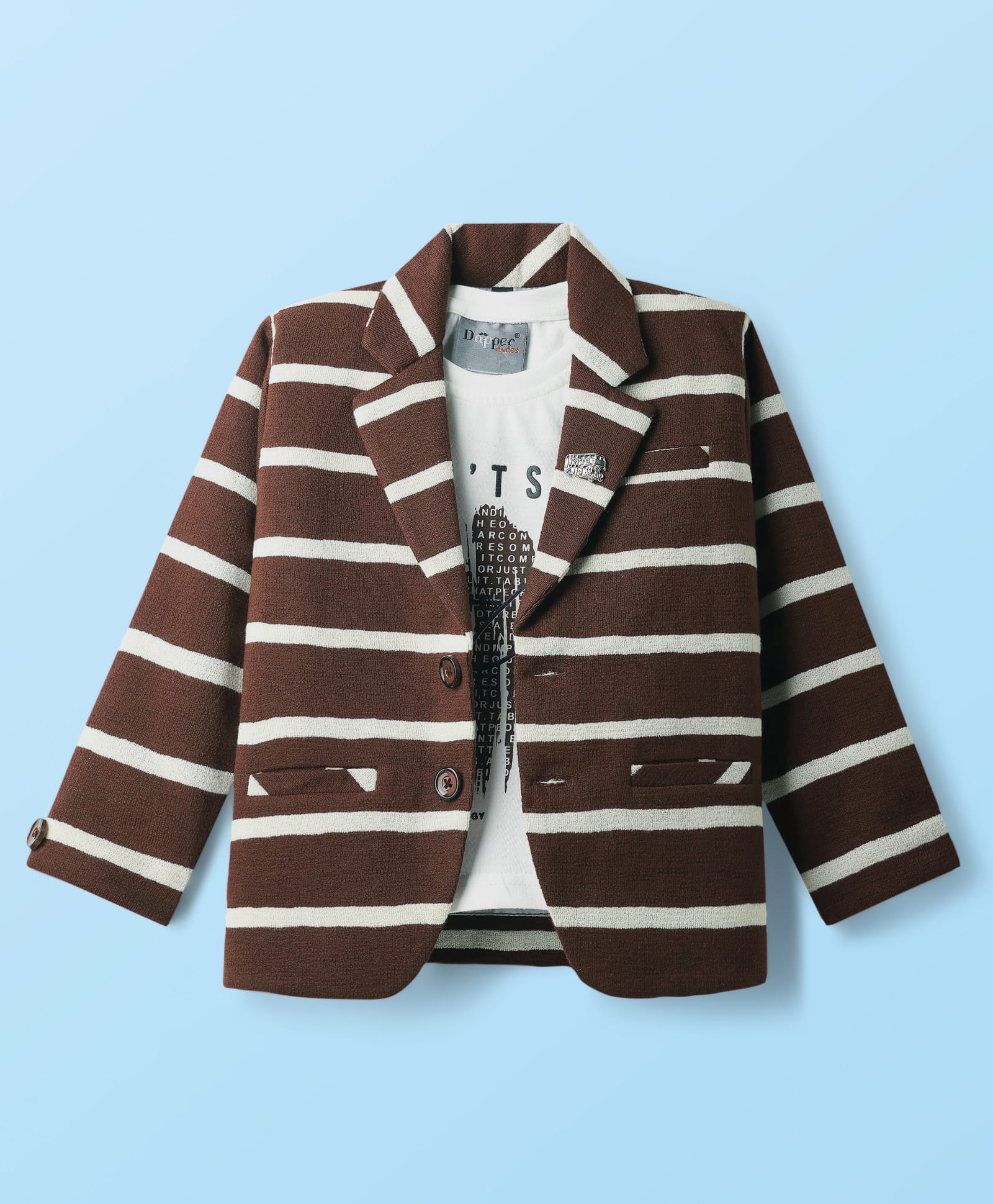 Dapper Dudes Full Sleeves Striped Blazer With Typography Printed Tee Set - Brown-picture-15