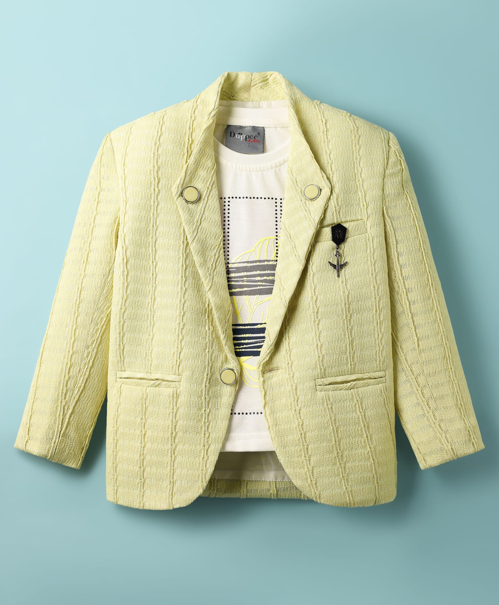 Dapper Dudes Full Sleeves Textured Blazer With Leaves Printed Tee Set - Green-image-28
