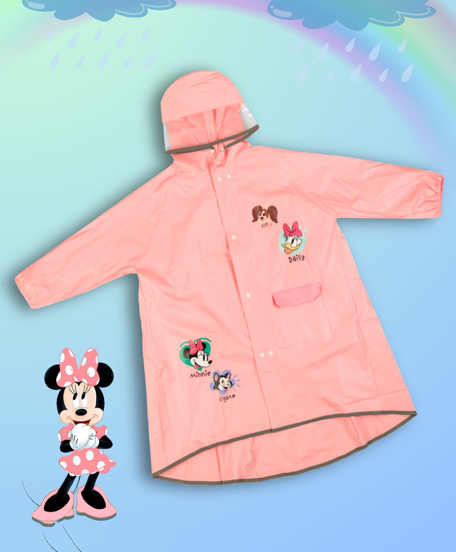 Disney by Yellow Bee EVA Full Sleeves Mickey & Friends Characters Printed Hooded Raincoat - Peach