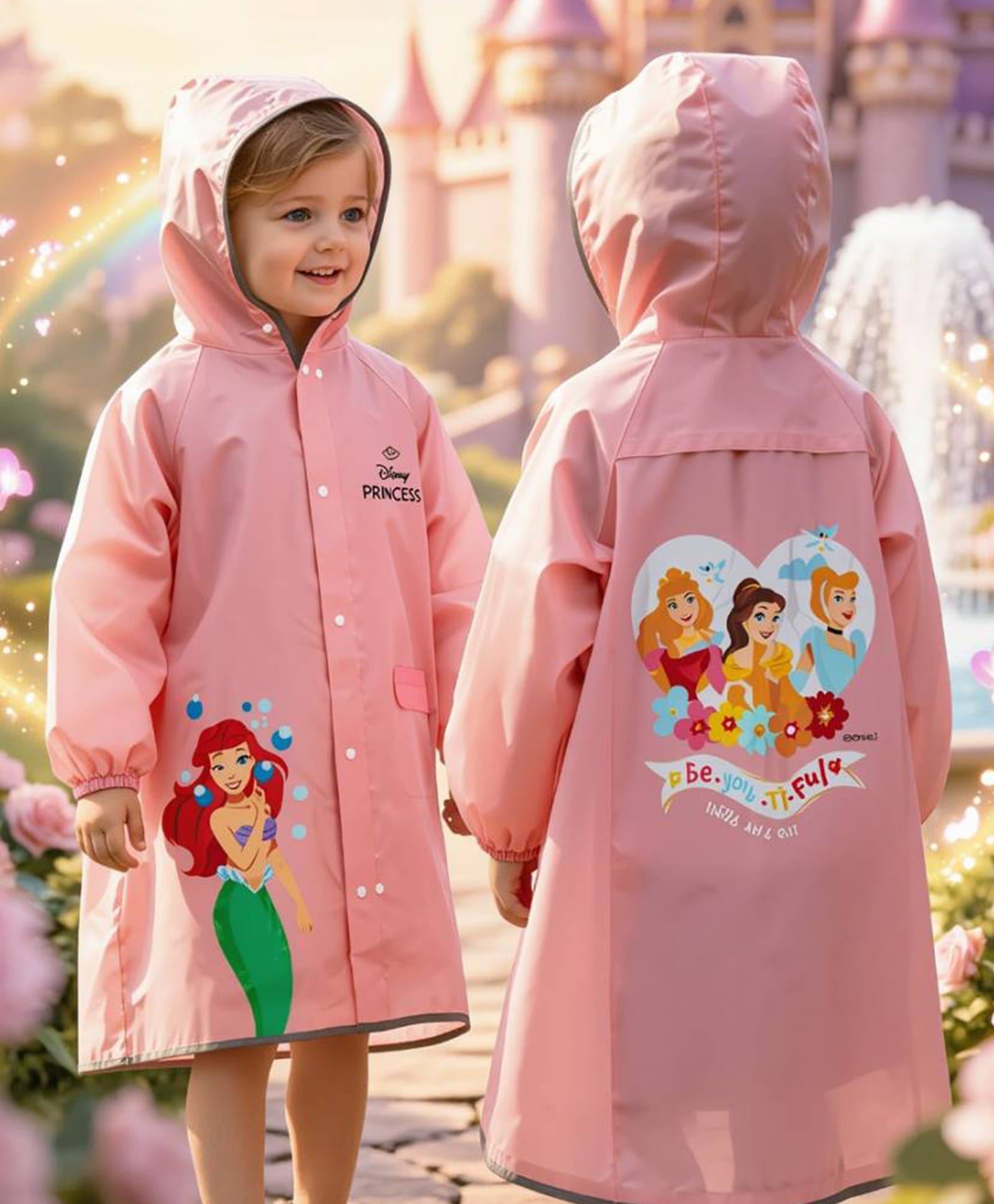 Yellow Bee Disney Full Sleeves Ariel Printed Hooded Raincoat - Peach-image-33