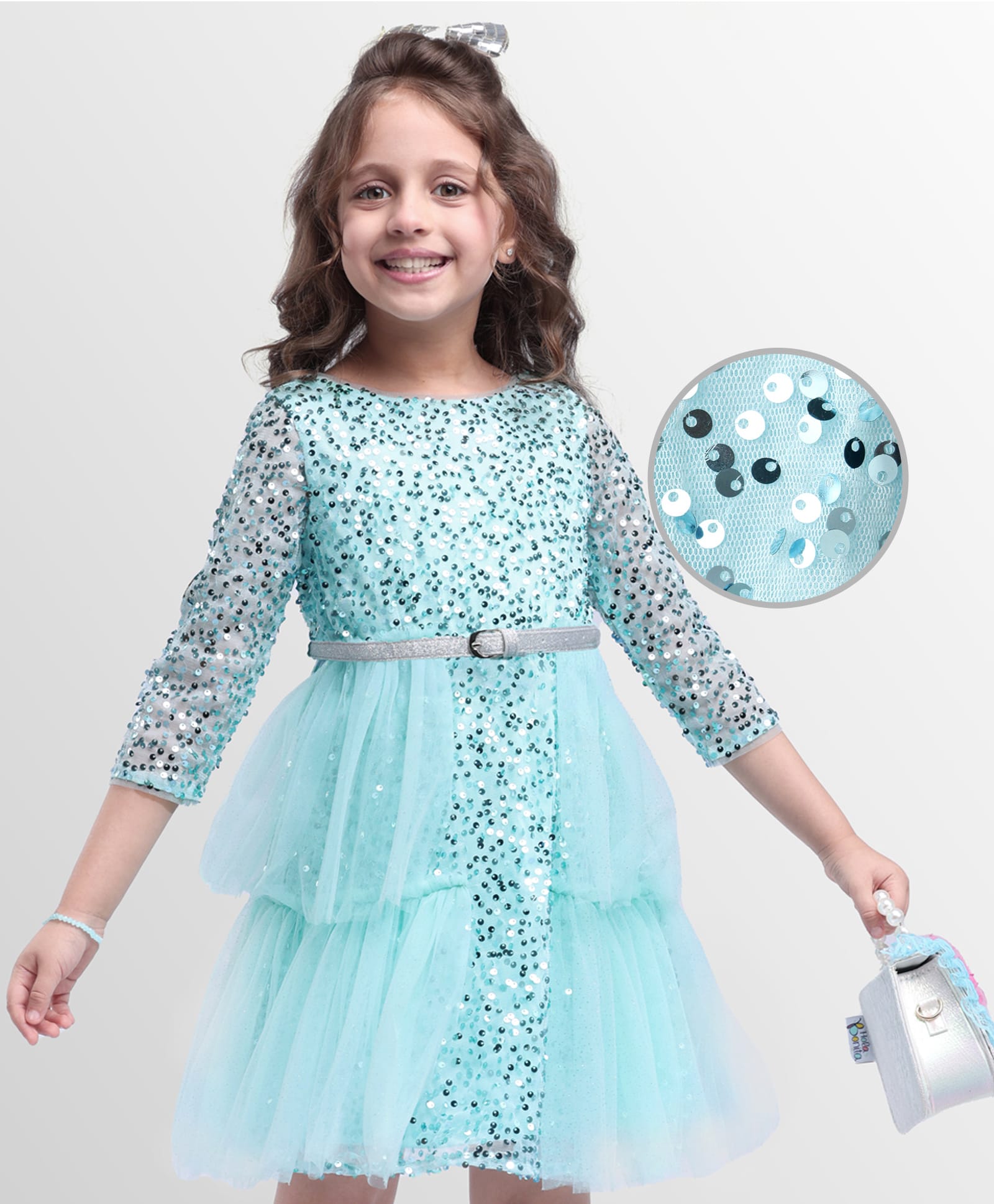 Hola Bonita Knit Full Sleeves Mesh Party Dress with Belt & Sequin Detailing - Light Blue-picture-21