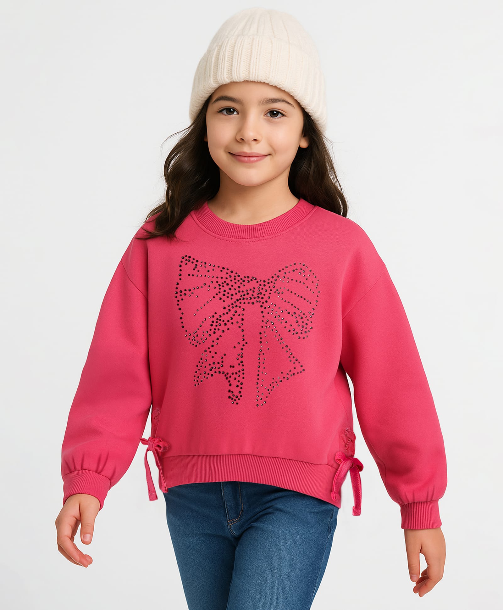 Arias 100% Cotton Knit Full Sleeves Fleece Sweatshirt With Rhinestones Bow Design & Side Tie Up - Pink-image-26