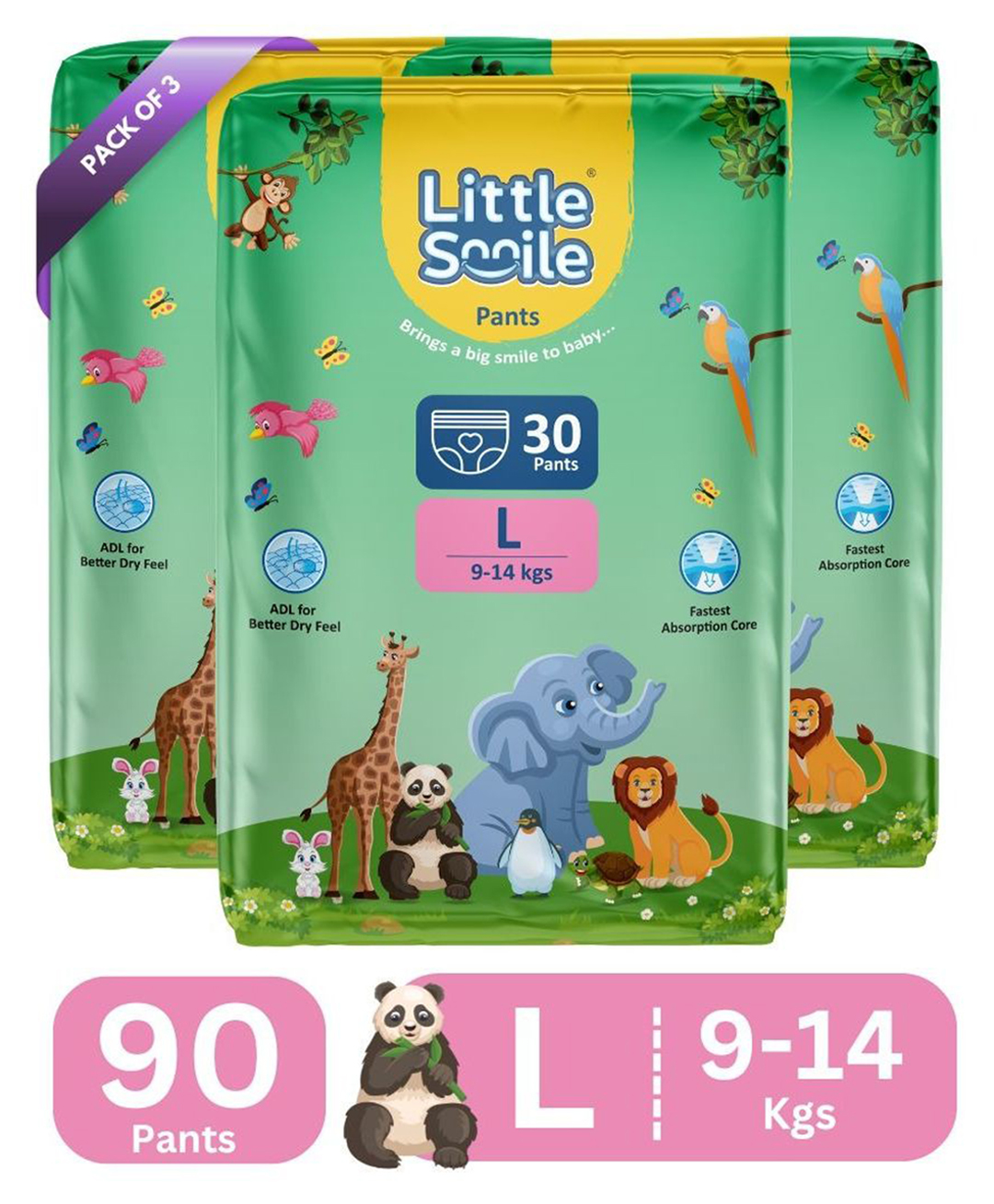 Little Smile Better Dry Feel Baby Diaper Pants | Pack of 3 - L (90 Pieces)-image-19