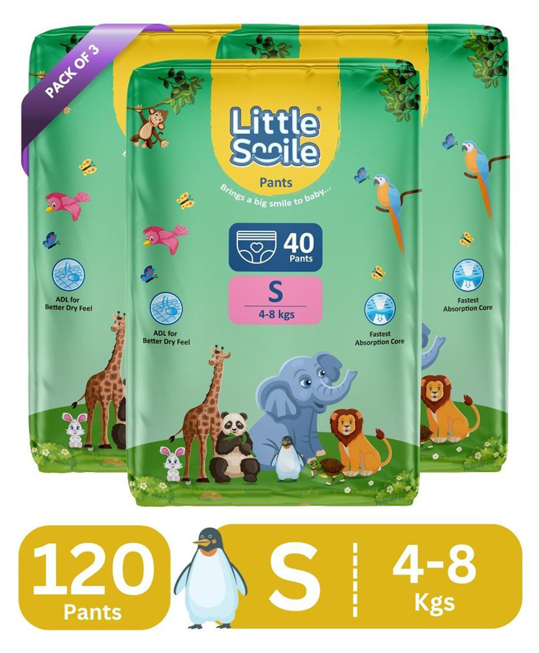 Little Smile Better Dry Feel Baby Diaper Pants | Pack of 3 - S (120 Pieces)-image-29