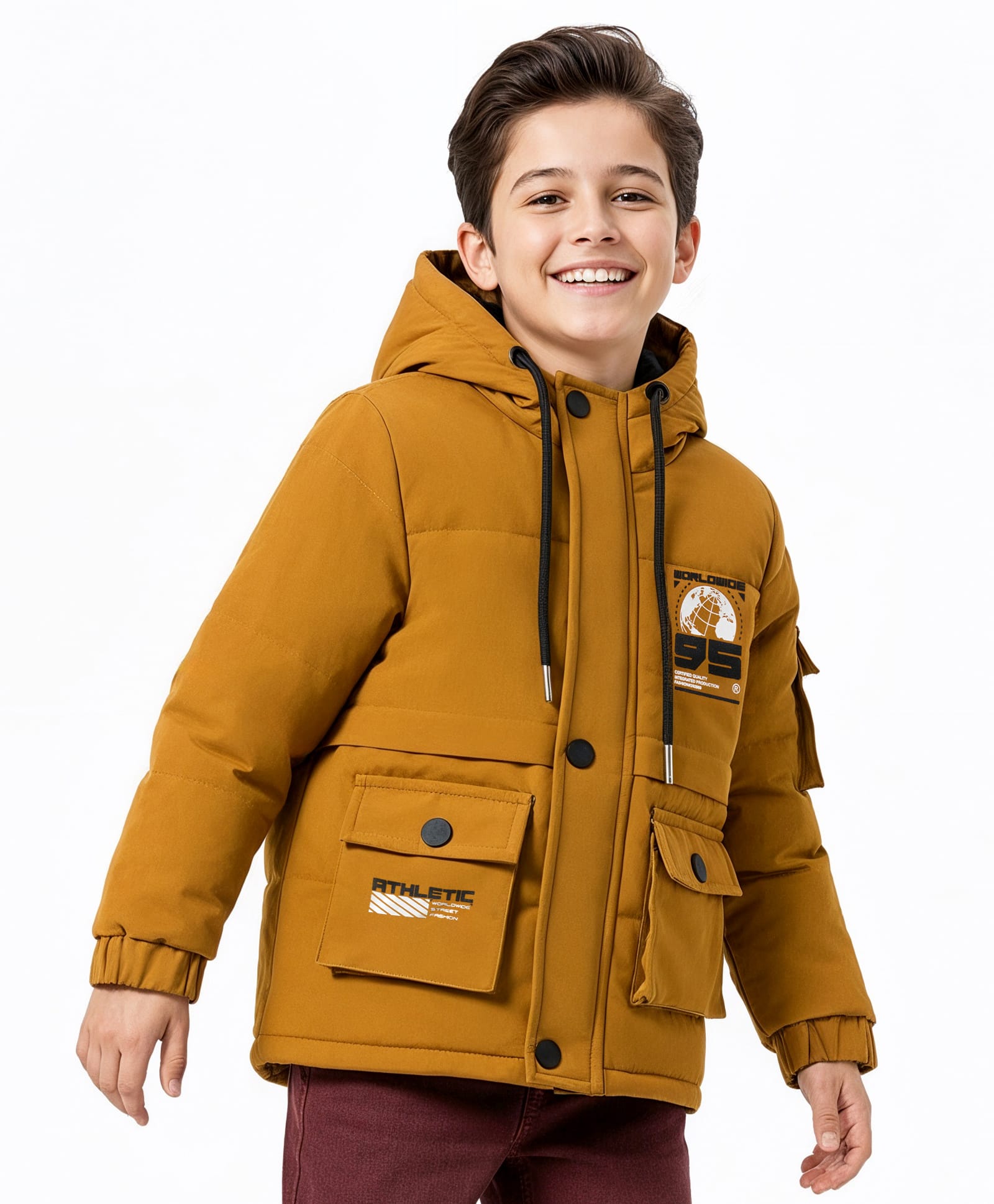 Pine Kids Woven Full Sleeves Hooded Padded Jacket With Text Print - Mustard-picture-16