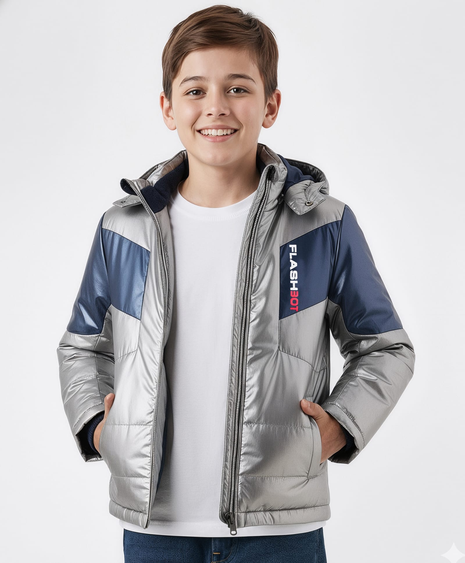 Pine Kids Woven Full Sleeves Solid Color Padded Jacket with Detachable Hood - Silver-picture-35