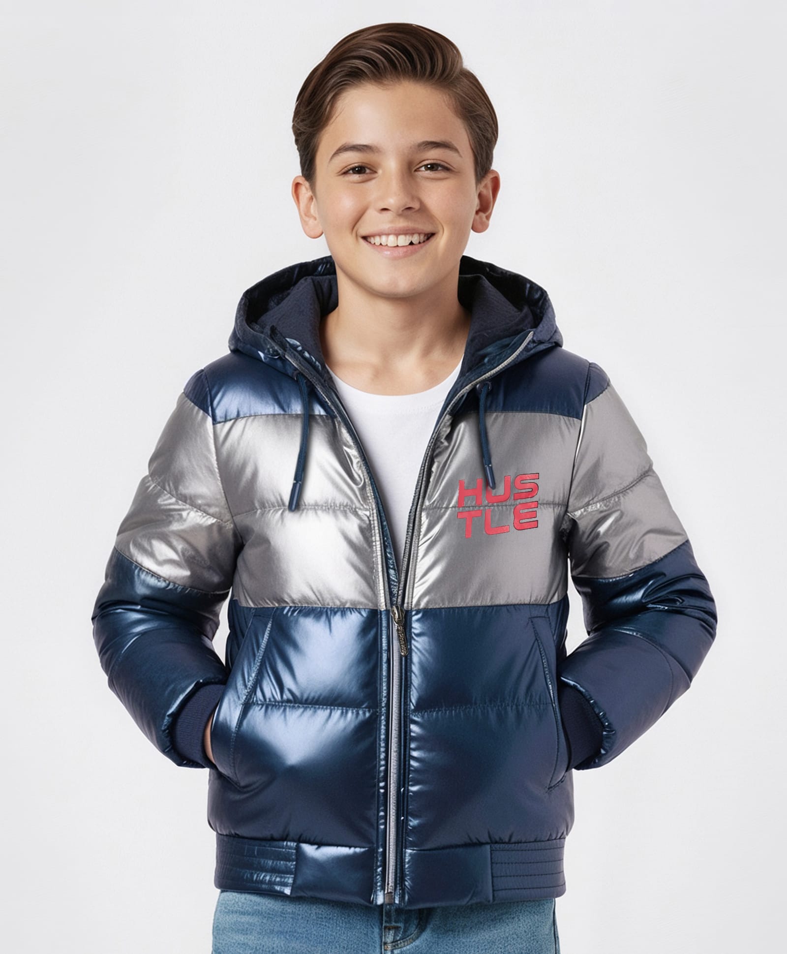 Pine Kids Woven Full Sleeves Hooded Padded Jacket with Text Print - Navy Blue-picture-36