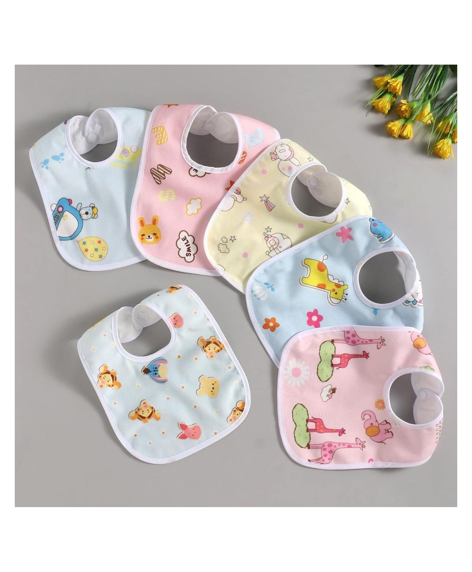 LittleBoo Waterproof Feeding Baby Bibs with Snap Button Closure Pack of 6 - Multicolor Colour & Print May Vary