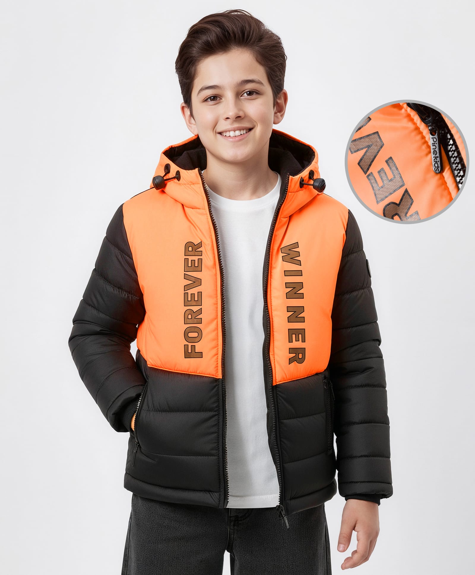 Pine Kids Woven Full Sleeves Hooded Padded Jacket With Forever Print - Orange & Black-picture-14