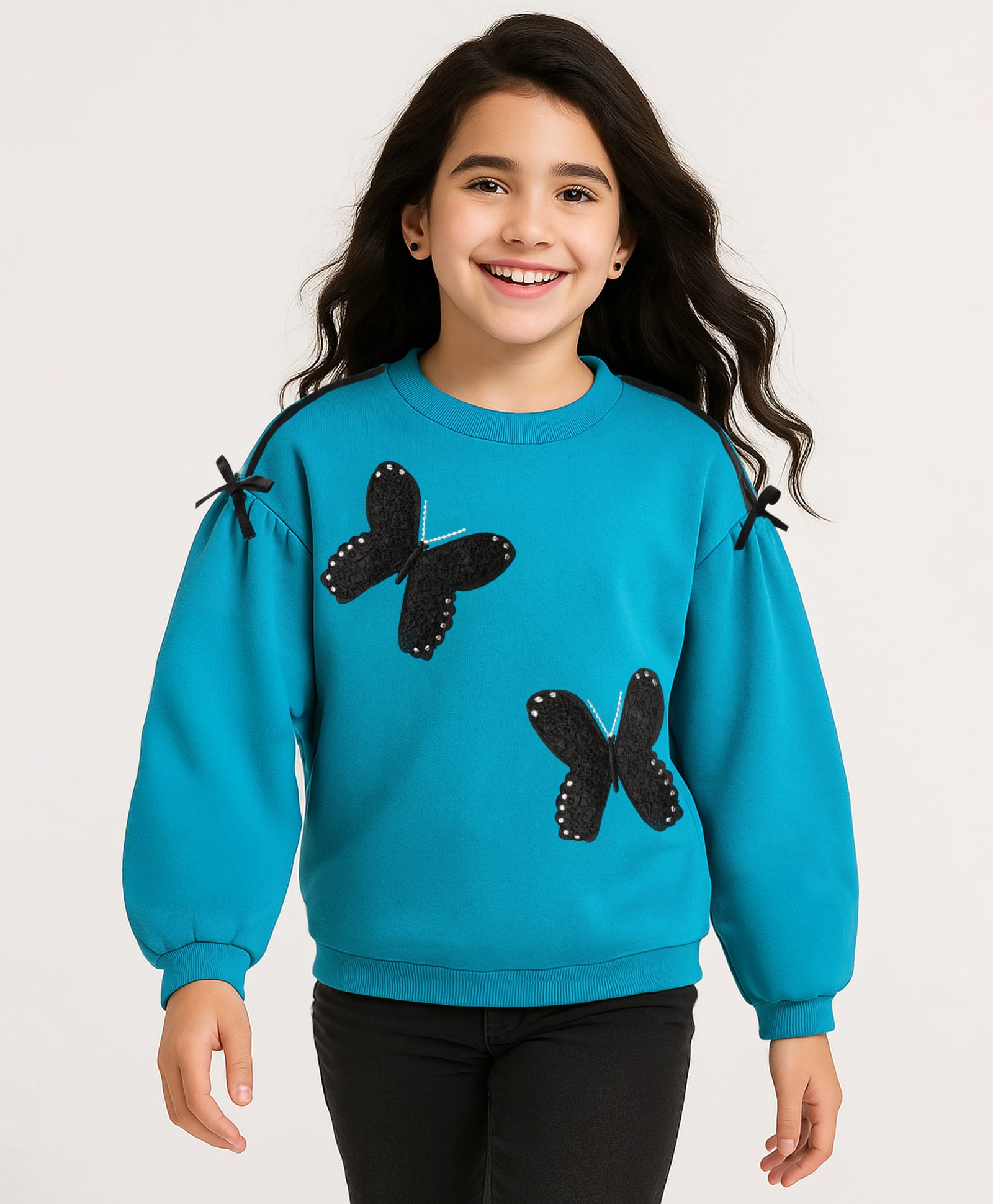 arias by lara dutta Arias 100% Cotton Fleece Knit Full Drop Shoulder Sleeves Sweatshirt With Butterfly Applique - Blue-picture-15