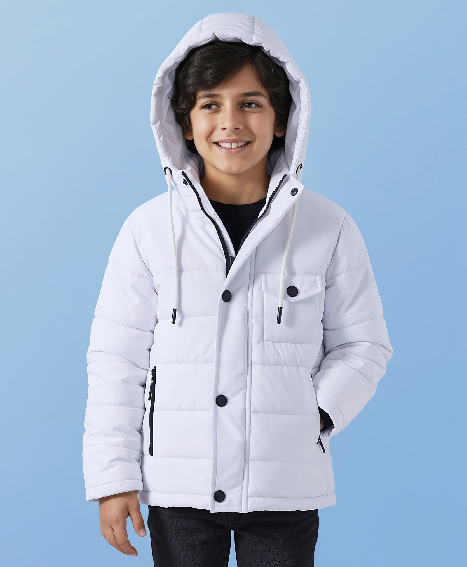Pine Kids Woven Full Sleeves Solid Color Hooded Padded Jacket - White-picture-14