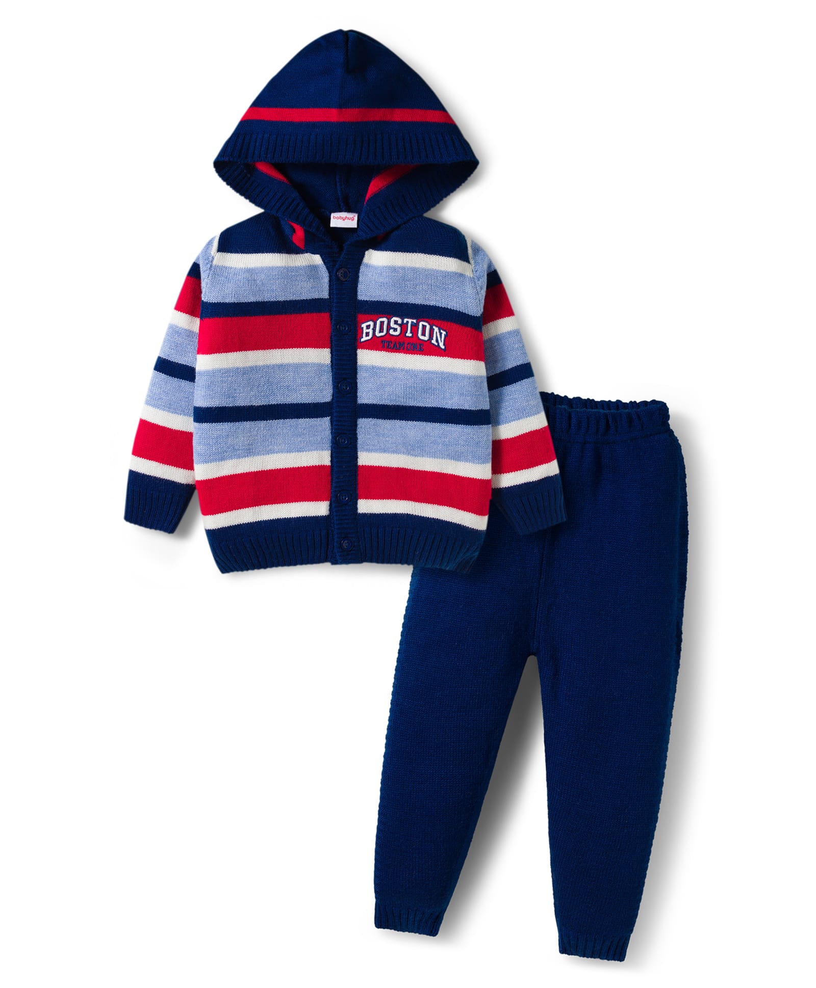 Babyhug Knitted Full Sleeves Hooded Sweater Set With Boston Design - Navy Blue-picture-20